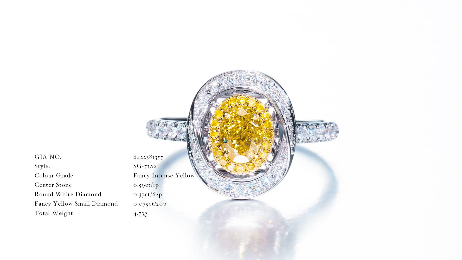 Women's GIA Certified, 0.59 Natural Fancy Intense Yellow Oval Shaped Diamond Ring 18KT. For Sale