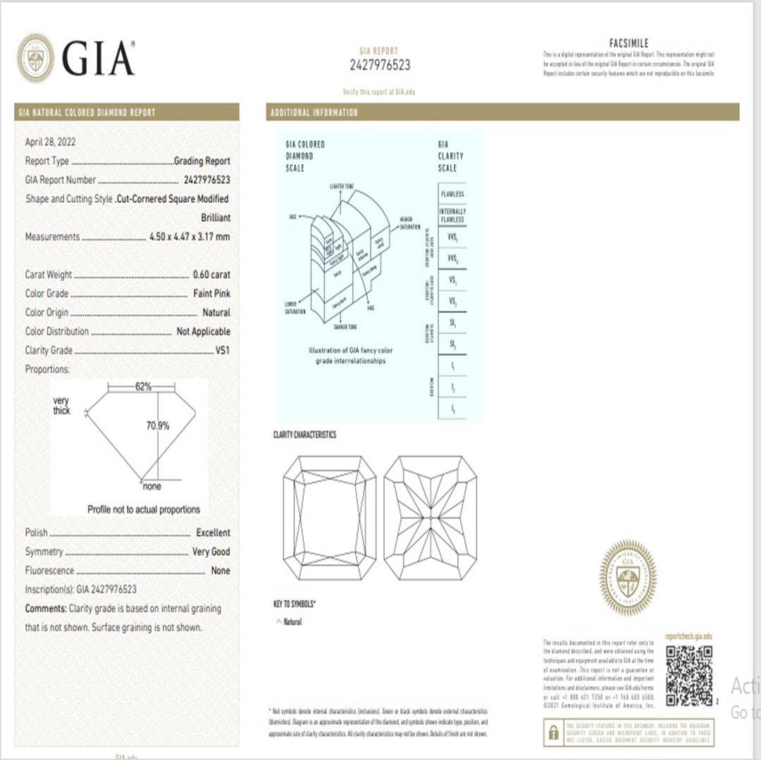 Diamante certificato GIA da 0,60 carati di colore rosa tenue con purezza VS1 in vendita 2