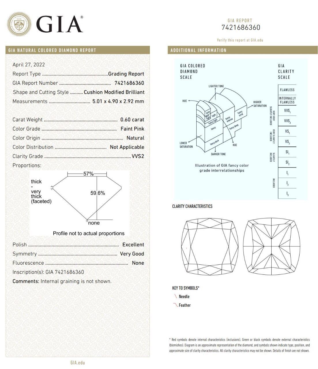 Anillo de diamantes con certificado GIA de 0,60 quilates de color rosa tenue y claridad VVS2 en venta 3