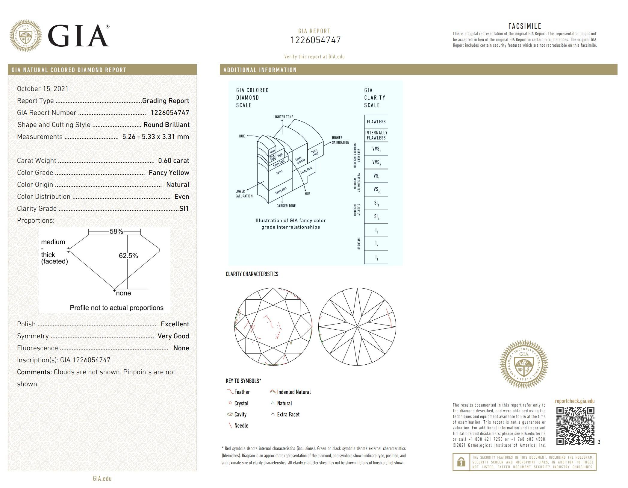 GIA Certified 0.60 Carat Fancy Yellow SI1 Clarity Diamond For Sale 1