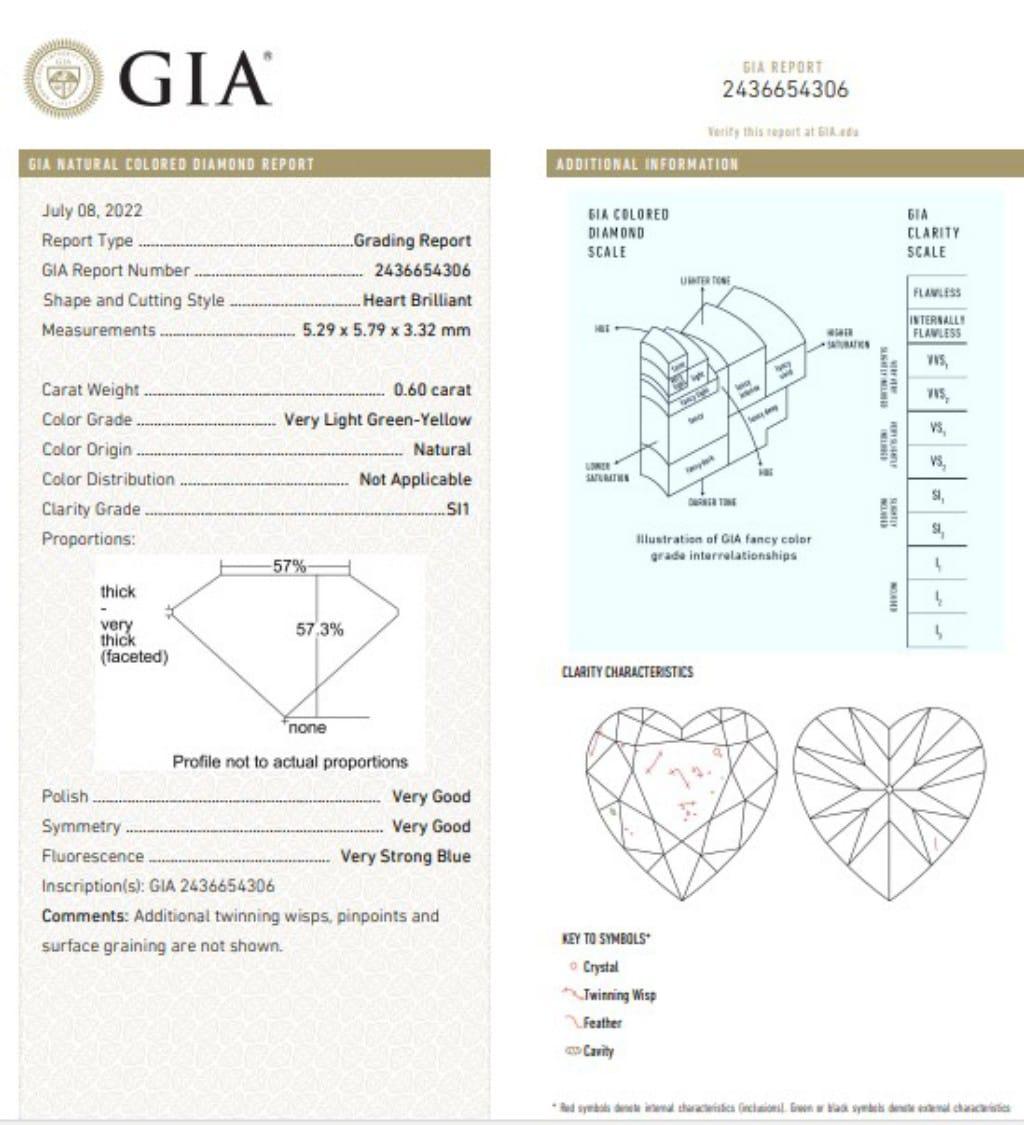 GIA Certified 0.60 Carat Very Light Green Yellow SI1 Clarity Diamond For Sale 1