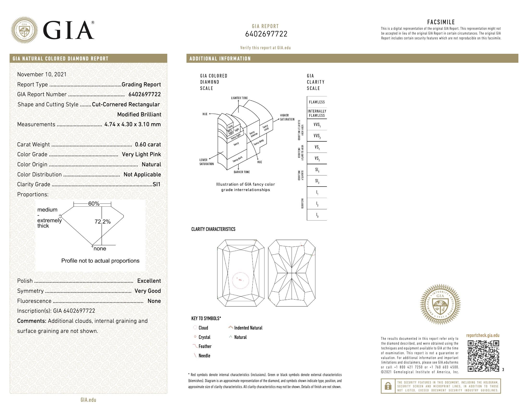 Women's or Men's GIA Certified 0.60 Carat Very Light Pink SI1 Clarity Diamond Ring For Sale