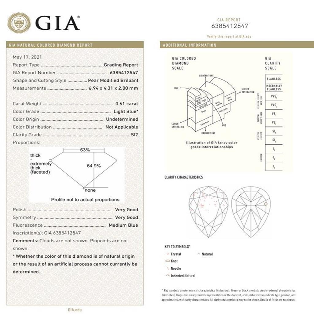 Bague diamant certifié GIA 0,61/0,50 carat bleu clair/vert clair SI1/VS2 en vente 2