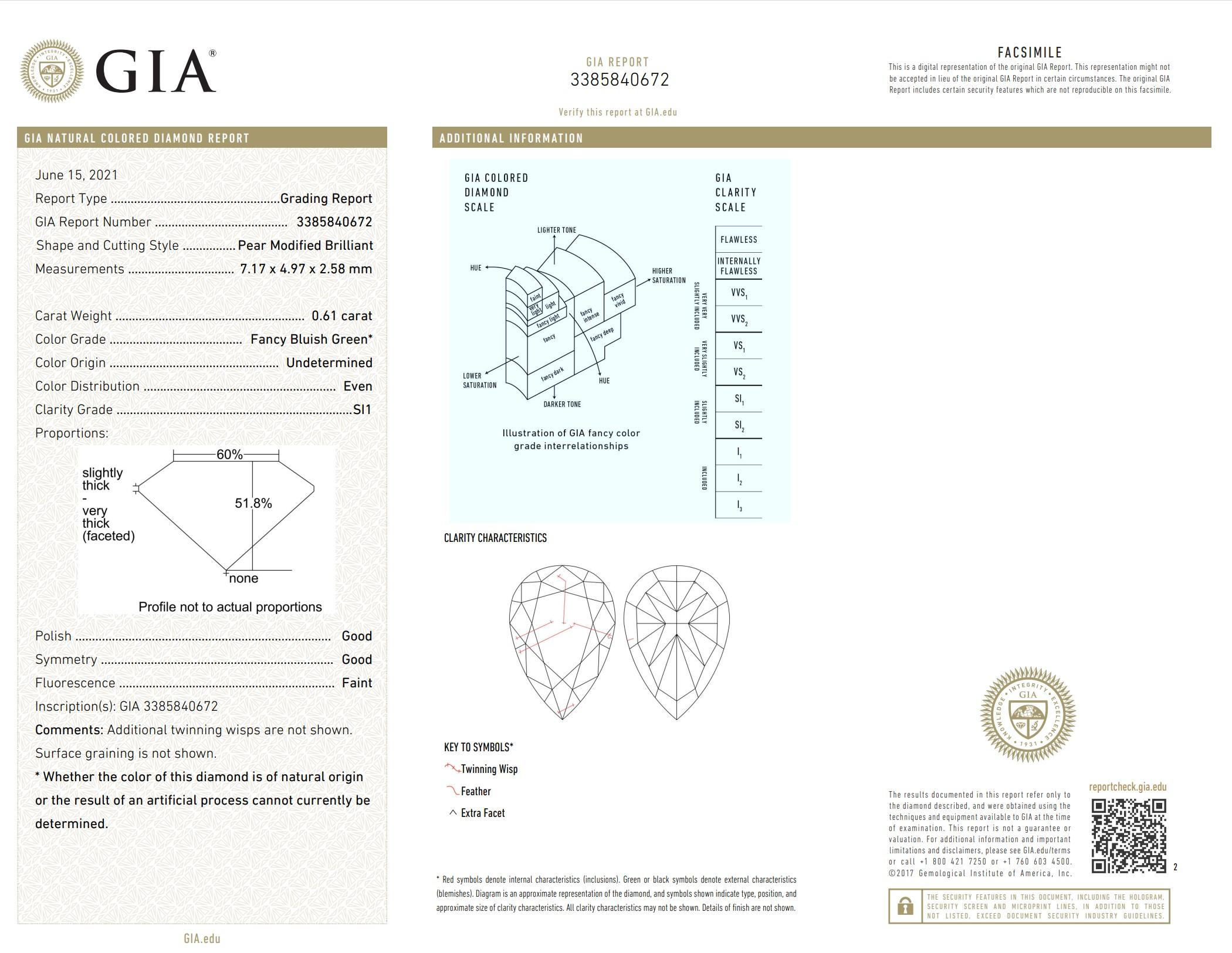 Diamante certificado por GIA de 0,61 quilates de color verde azulado fantasía y claridad SI1 en venta 1