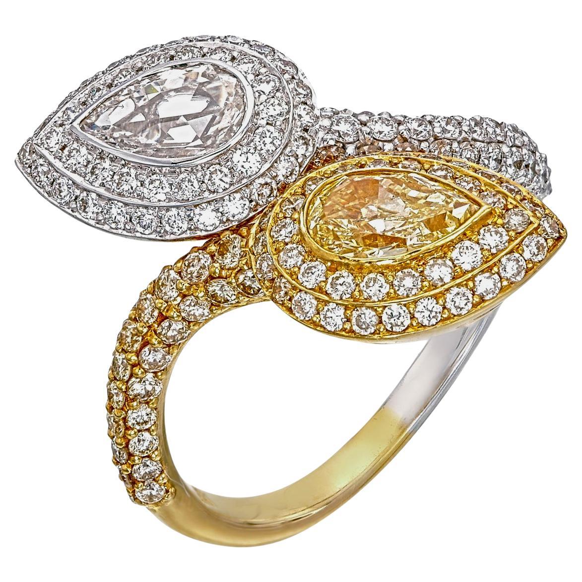 GIA Certified 0.61 Carat Fancy Yellow Diamond And Diamond Ring In 18K W Gold For Sale