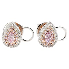 GIA Certified 0.61 Carat Pink Diamond Pear Shape Double Halo Earrings 18K Gold