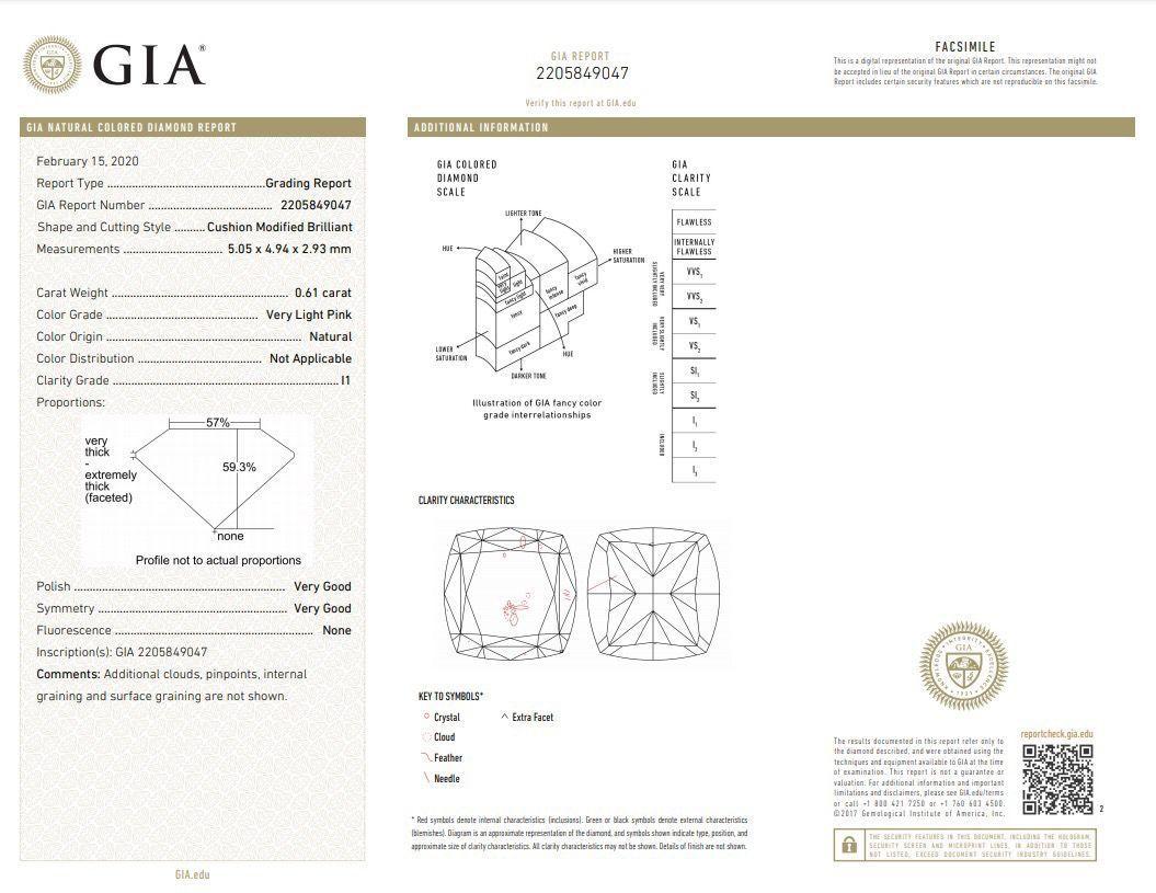 GIA Certified 0.61 Carat Very Light Pink I1 Clarity Diamond Ring For Sale 3