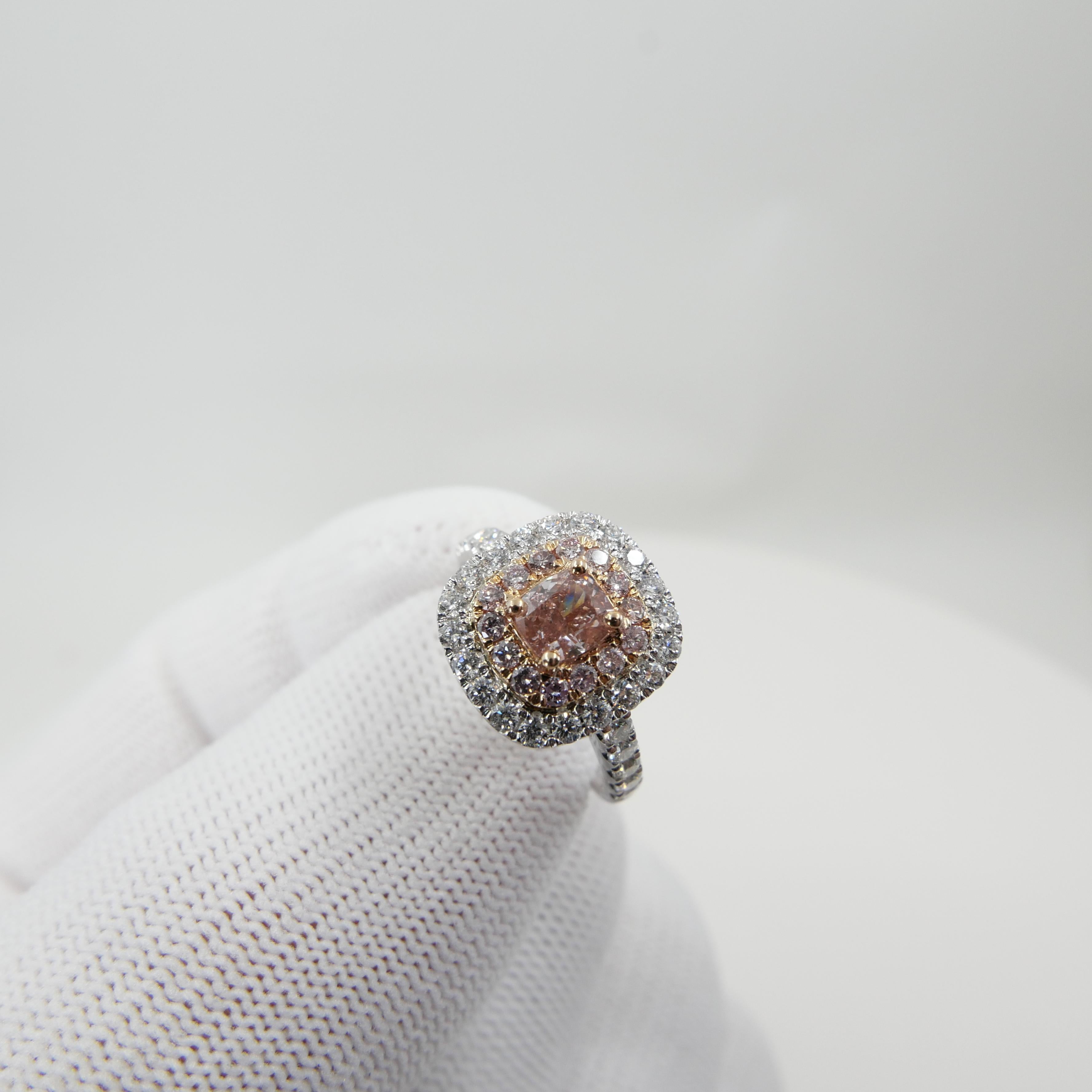 GIA Certified 0.62 Carat Fancy Orangy Pink Diamond Double Halo Cocktail Ring 4