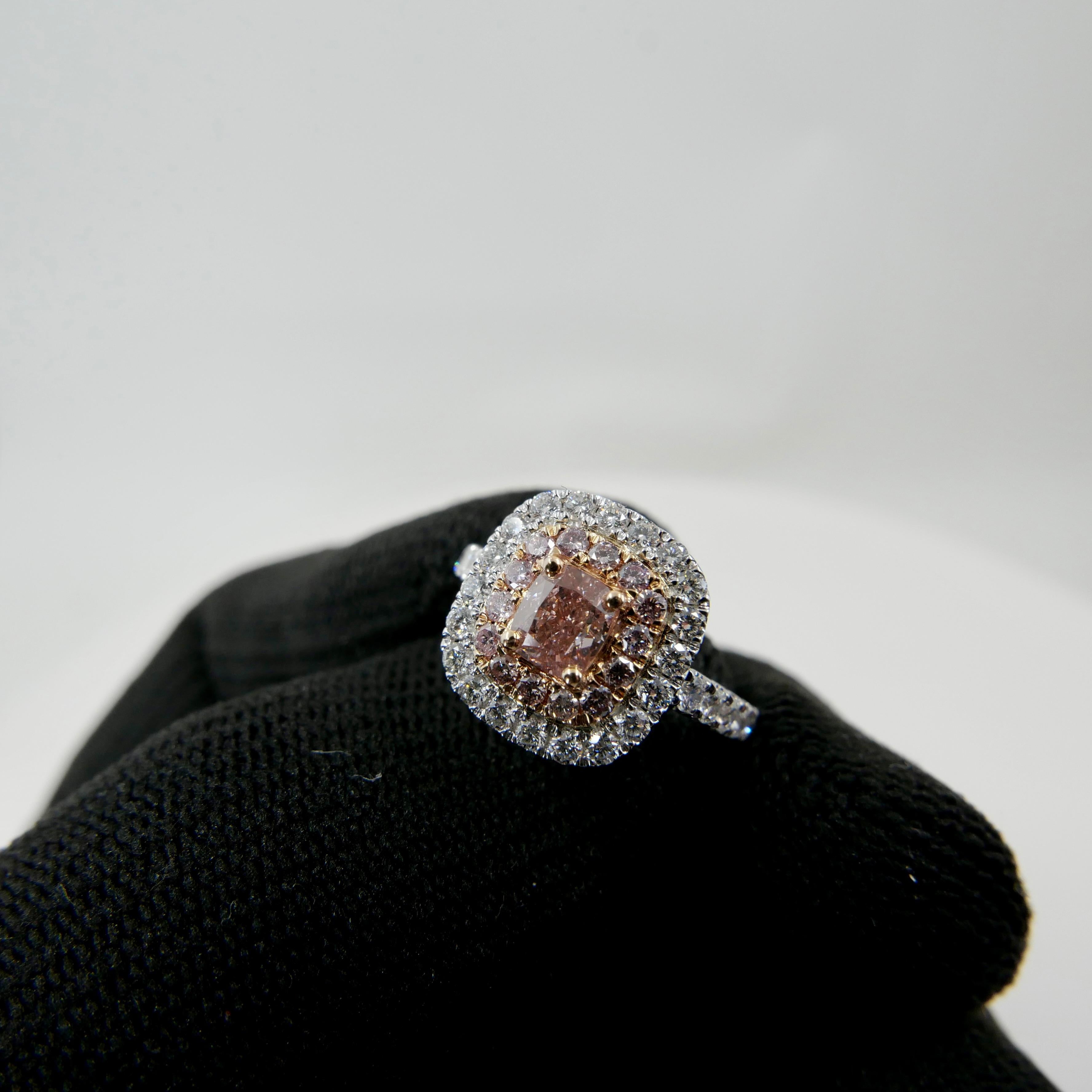 GIA Certified 0.62 Carat Fancy Orangy Pink Diamond Double Halo Cocktail Ring 6
