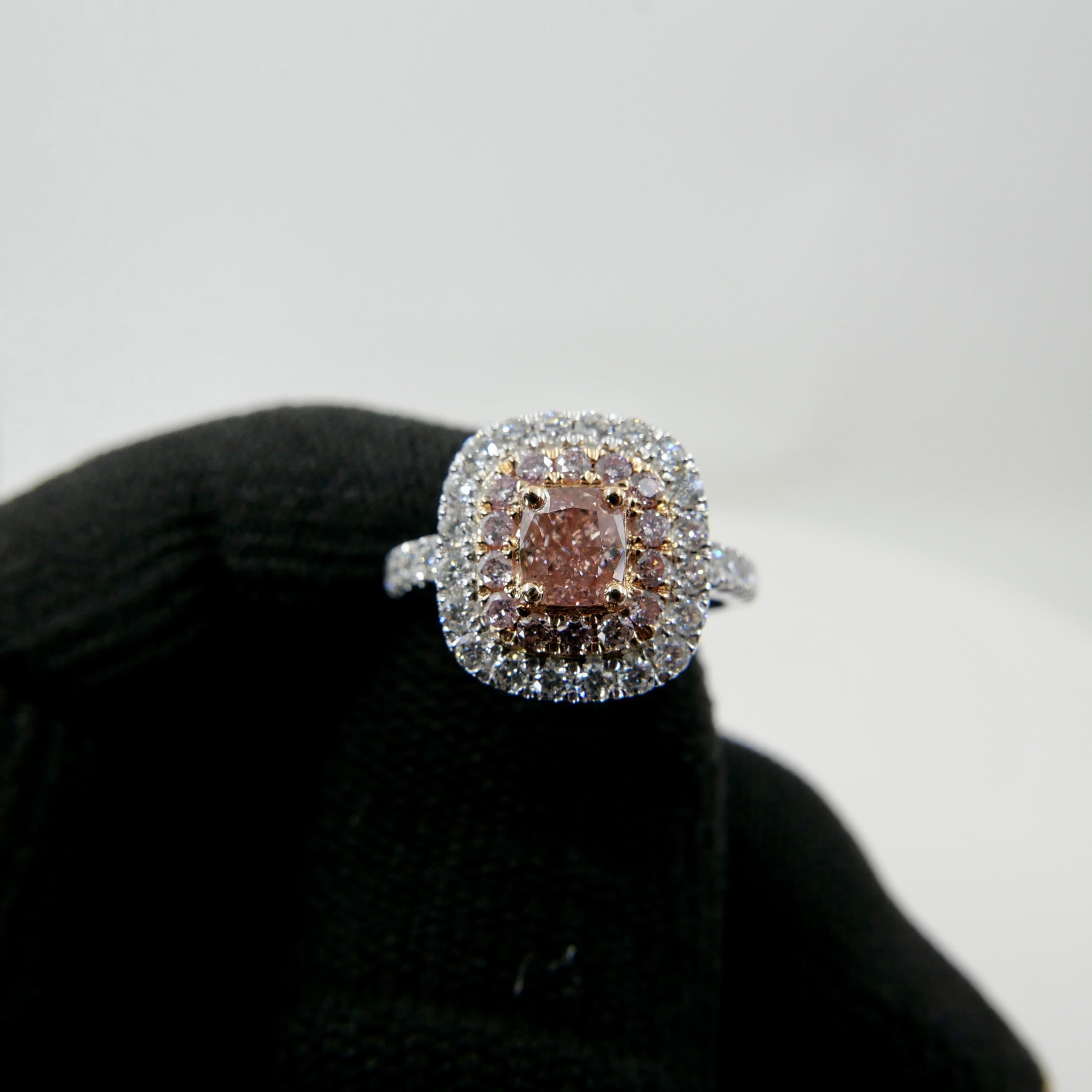 GIA Certified 0.62 Carat Fancy Orangy Pink Diamond Double Halo Cocktail Ring 9