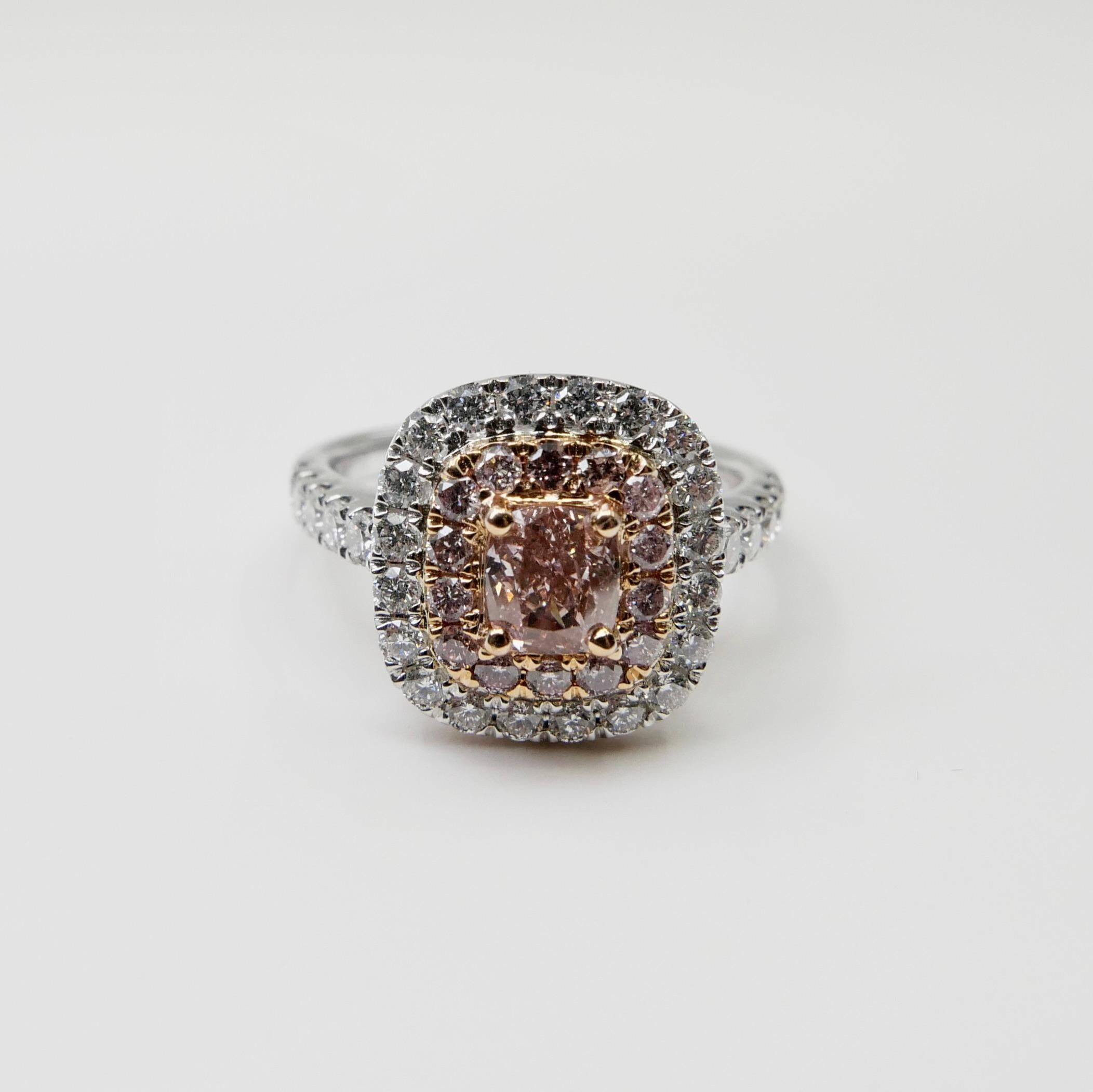 GIA Certified 0.62 Carat Fancy Orangy Pink Diamond Double Halo Cocktail Ring 12
