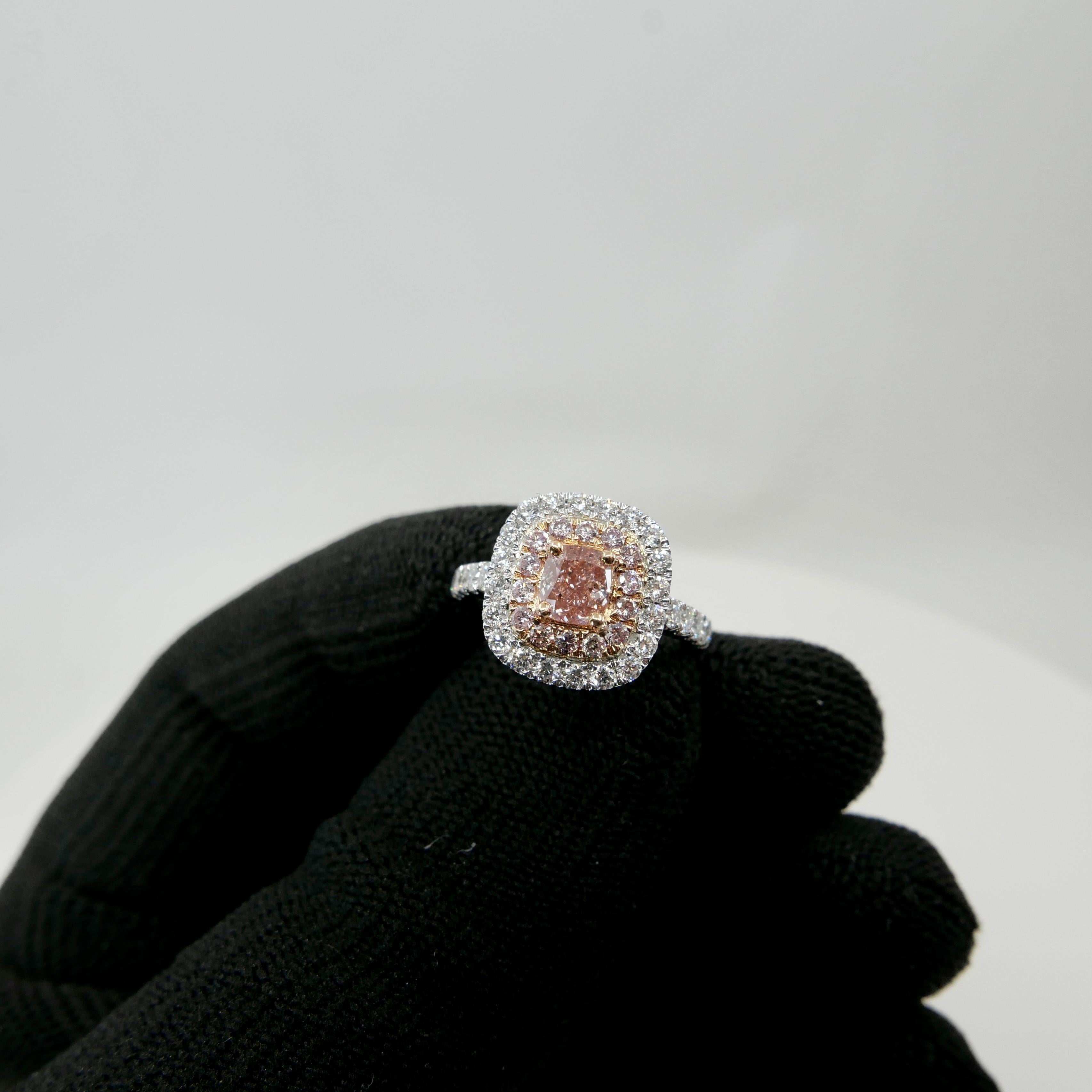Contemporary GIA Certified 0.62 Carat Fancy Orangy Pink Diamond Double Halo Cocktail Ring