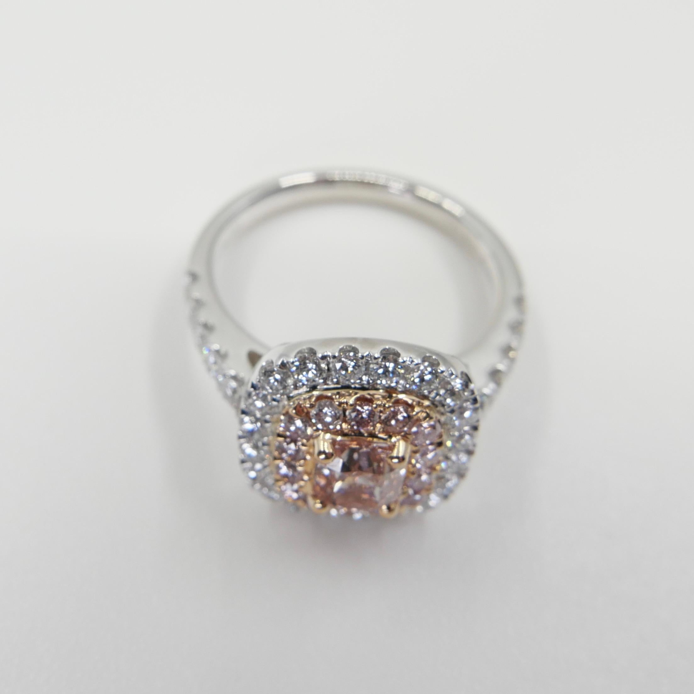 Cushion Cut GIA Certified 0.62 Carat Fancy Orangy Pink Diamond Double Halo Cocktail Ring