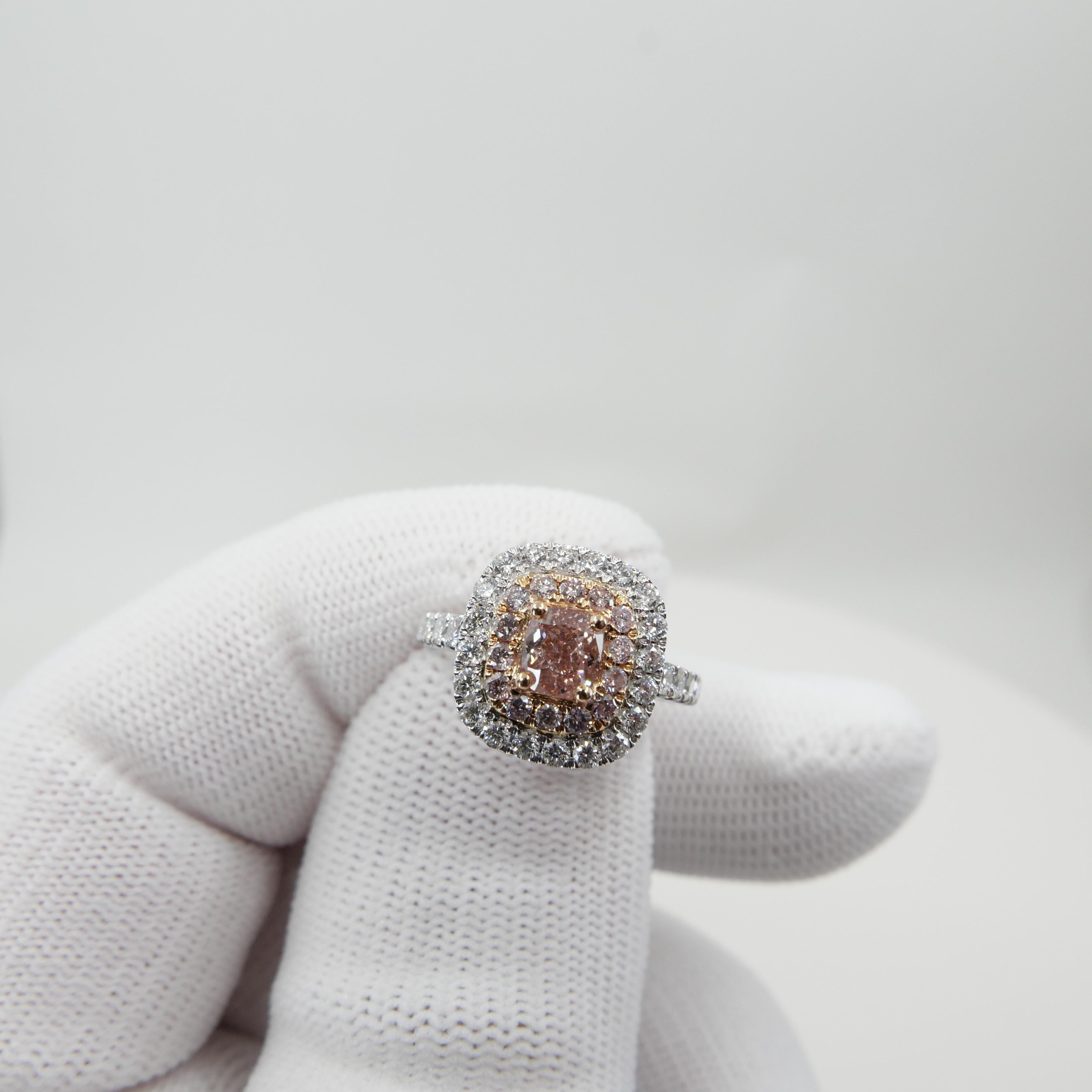 GIA Certified 0.62 Carat Fancy Orangy Pink Diamond Double Halo Cocktail Ring In New Condition In Hong Kong, HK