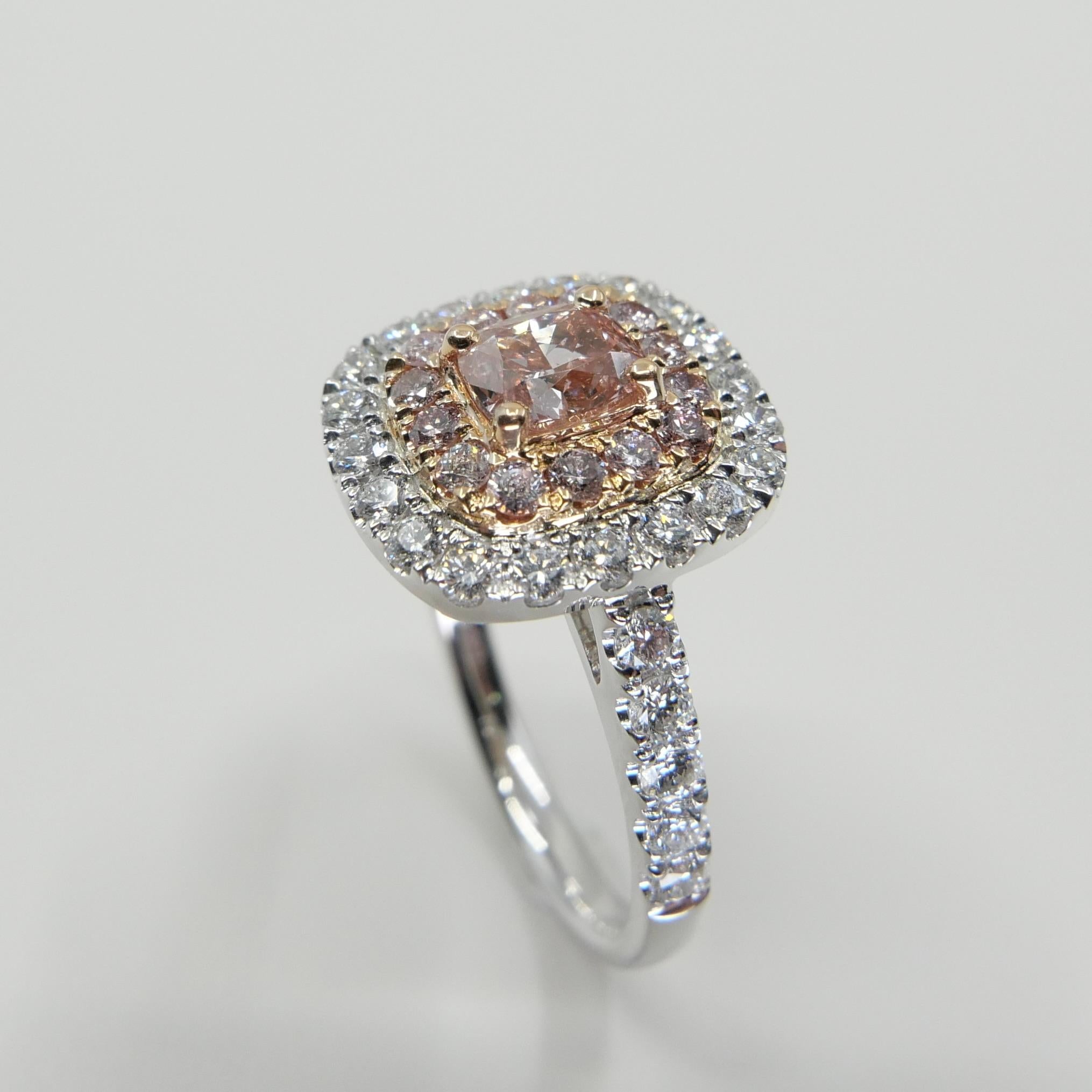 GIA Certified 0.62 Carat Fancy Orangy Pink Diamond Double Halo Cocktail Ring 3