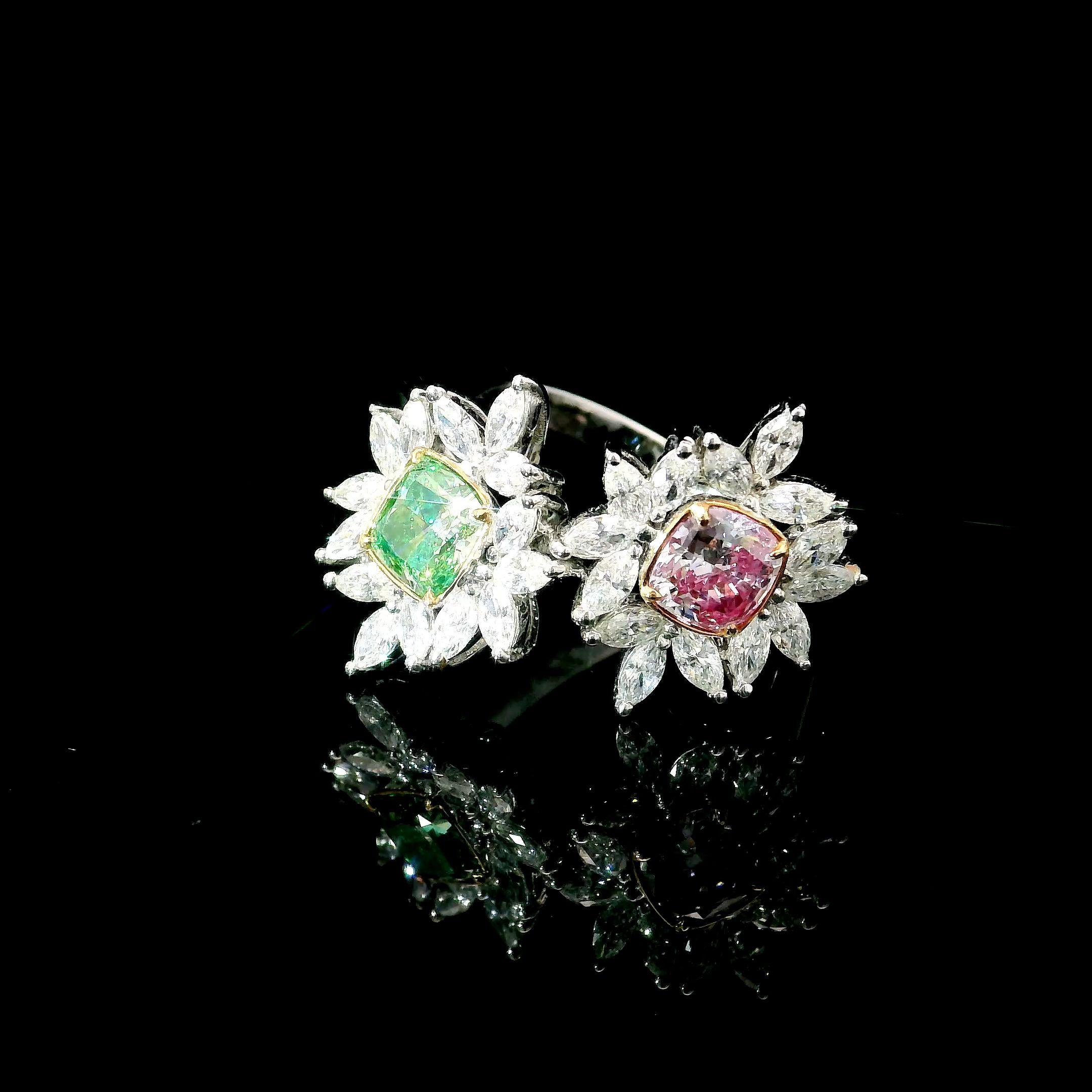 18kt white gold ring with diamonds
  
  Gold colour & karat: White gold 18kt
  Weight: 5.49 grams
  
  Set with-
  Stone type: Diamonds
  Shape: Cushion
  Carat: 0.62 / 0.71
  Colour: Faint Pink, Fancy Grayish Greenish Yellow
  Clarity: SI1 / VS1
 