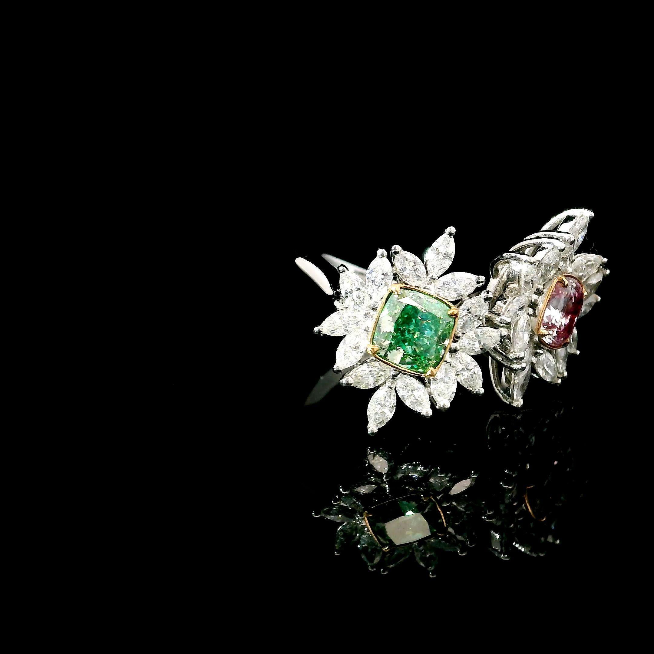 Cushion Cut GIA Certified 0.62 CT Faint Pink SI1, 0.71 Fancy Grayish Grenish Yellow VS1 Ring