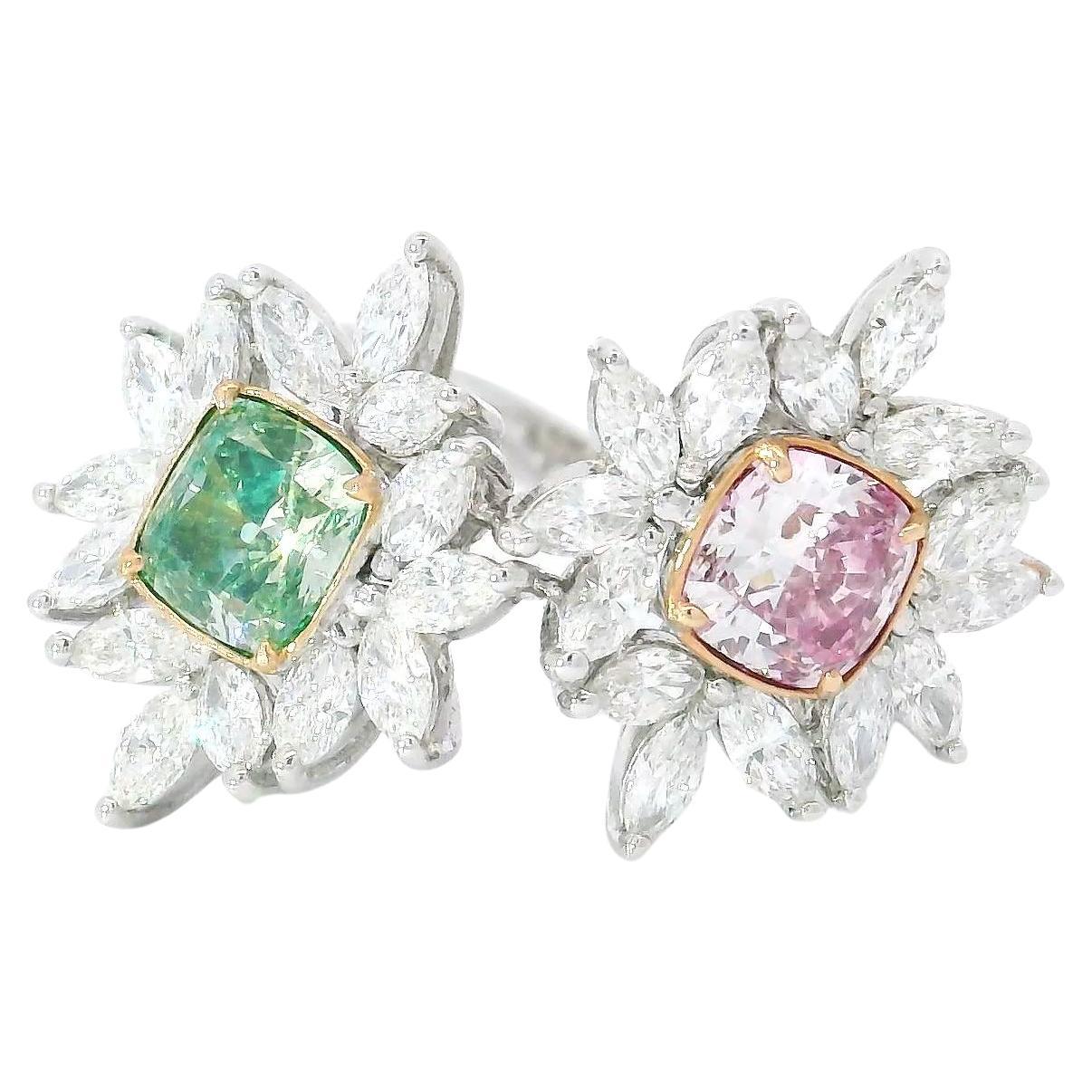 GIA Certified 0.62 CT Faint Pink SI1, 0.71 Fancy Grayish Grenish Yellow VS1 Ring