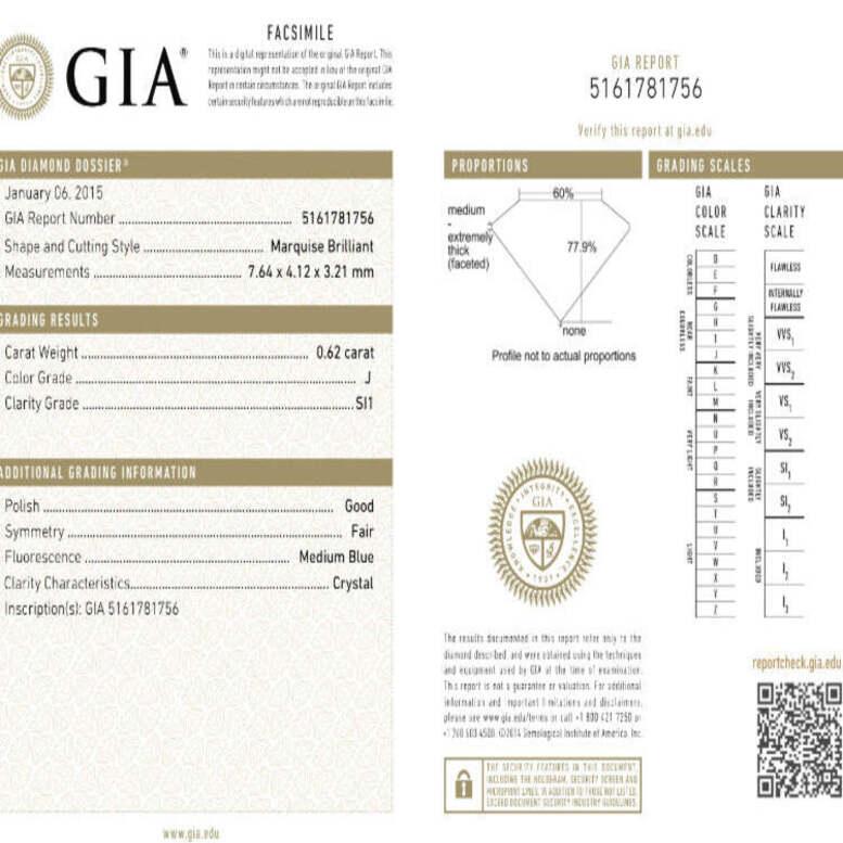 GIA Certified 0.62CT J SI1 Marquise Diamond In Good Condition For Sale In New York, NY