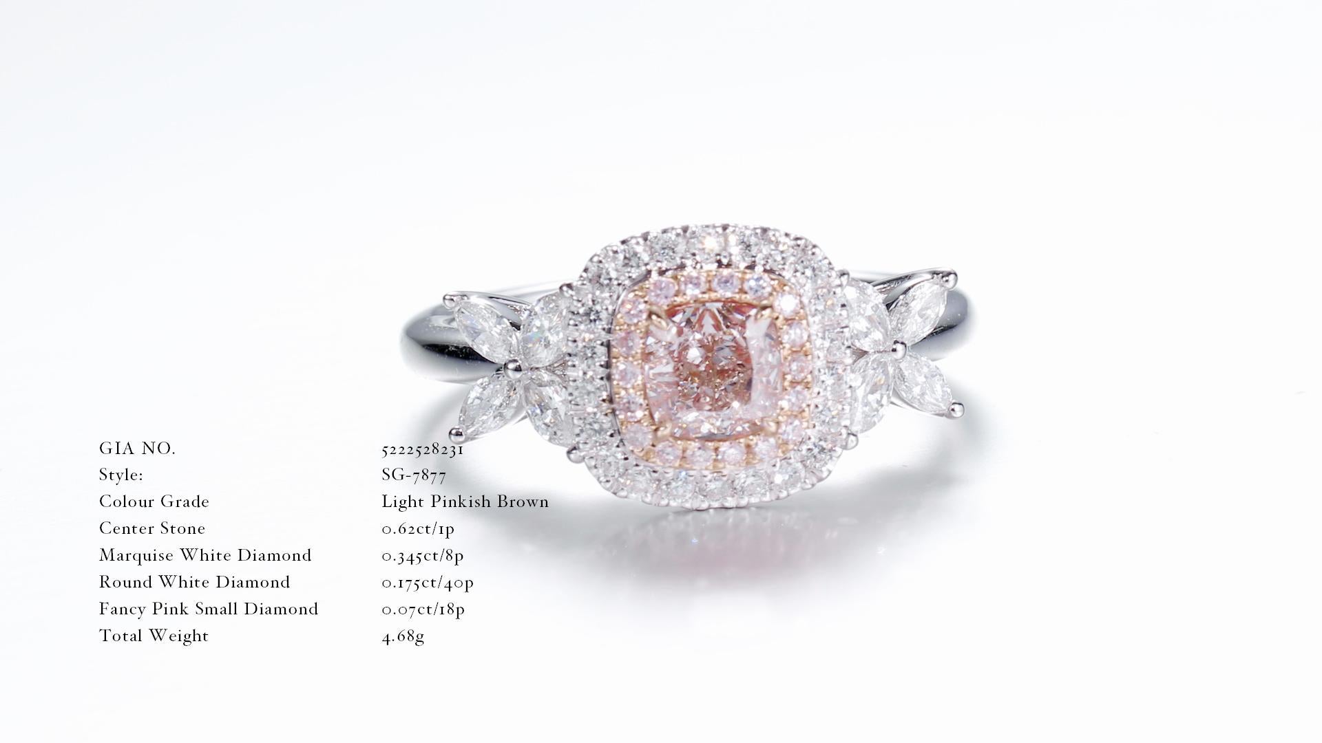 Women's or Men's GIA Certified, 0.62ct Natural Light Pinkish Brown Cushion Cut Diamond Solitaire. For Sale
