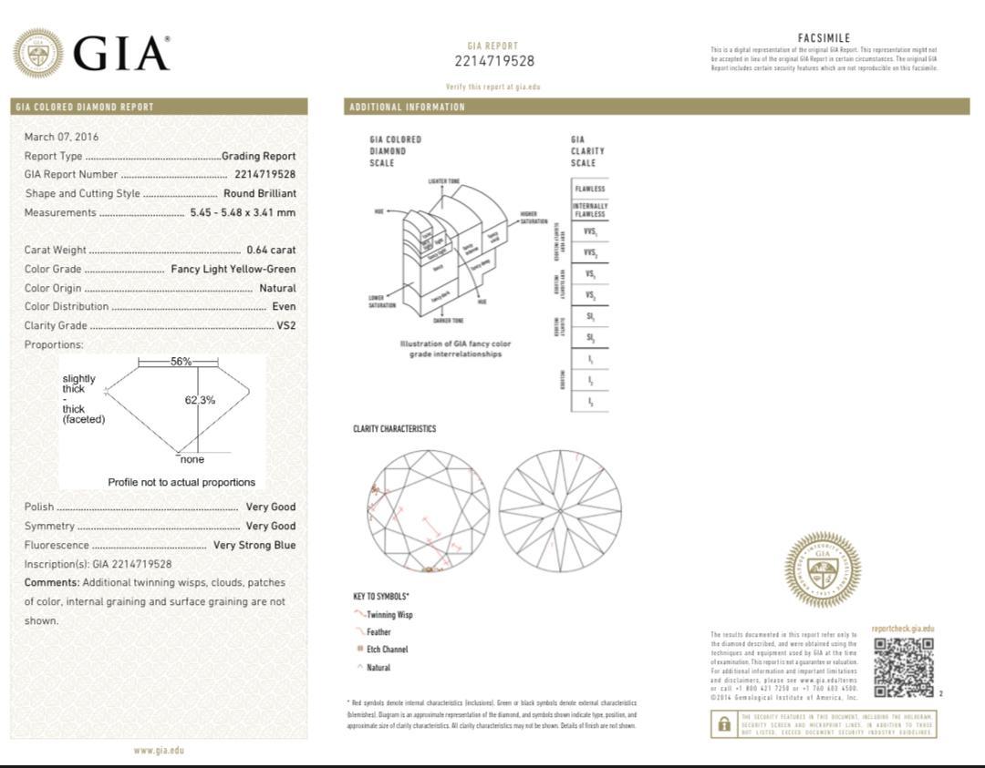 Bague de diamants fantaisie jaune clair et vert de pureté VS2 de 0,64 carat certifié GIA en vente 3