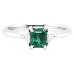 GIA Certified 0.64 Carat Natural Colombian No-Oil Emerald and Diamond Ring