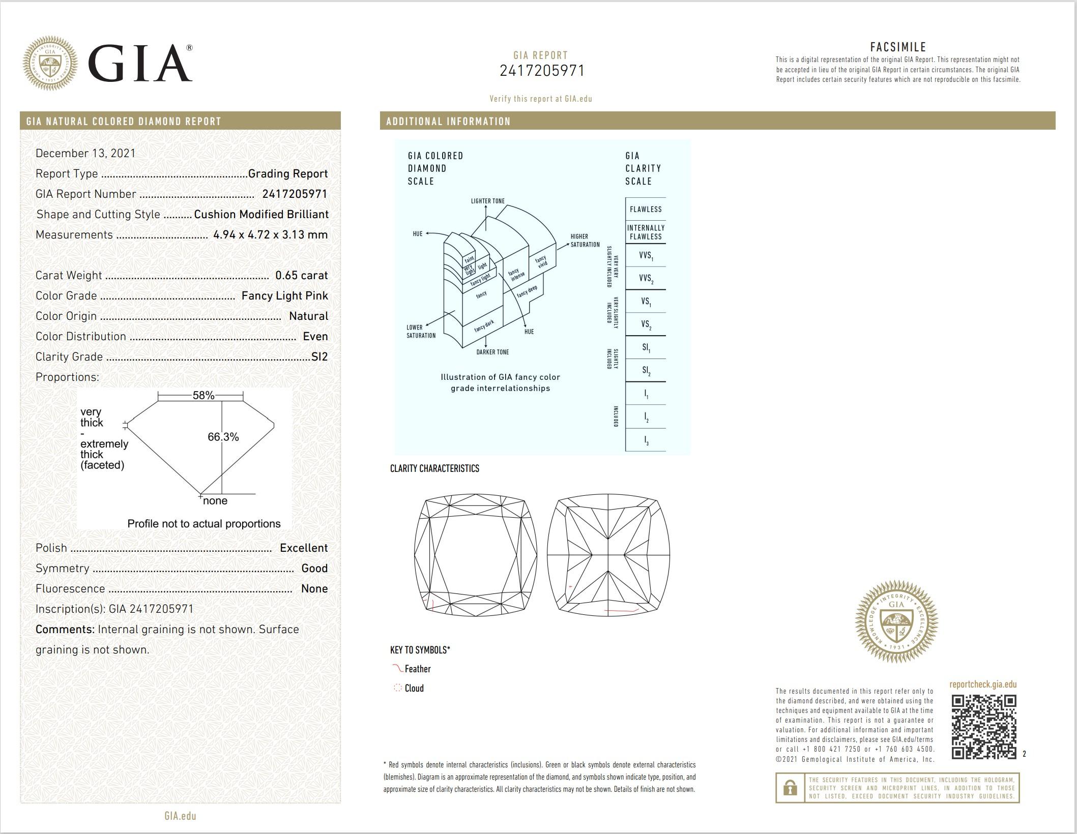 GIA Certified 0.65 Carat Fancy Light Pink SI2 Clarity Diamond For Sale 1