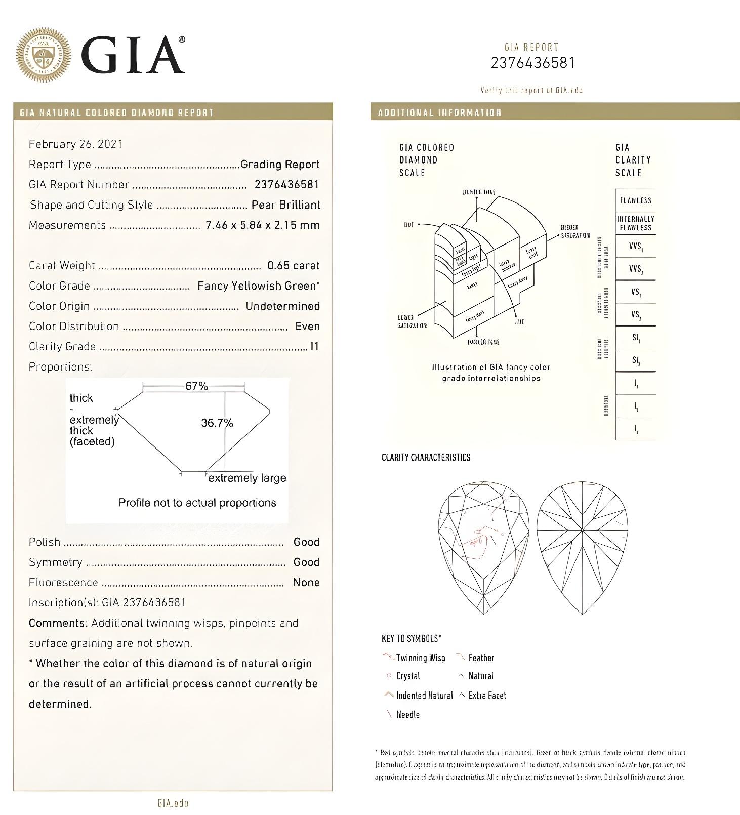 Anello con diamante certificato GIA da 0,65 carati, di colore verde giallastro e chiarezza I1 in vendita 1