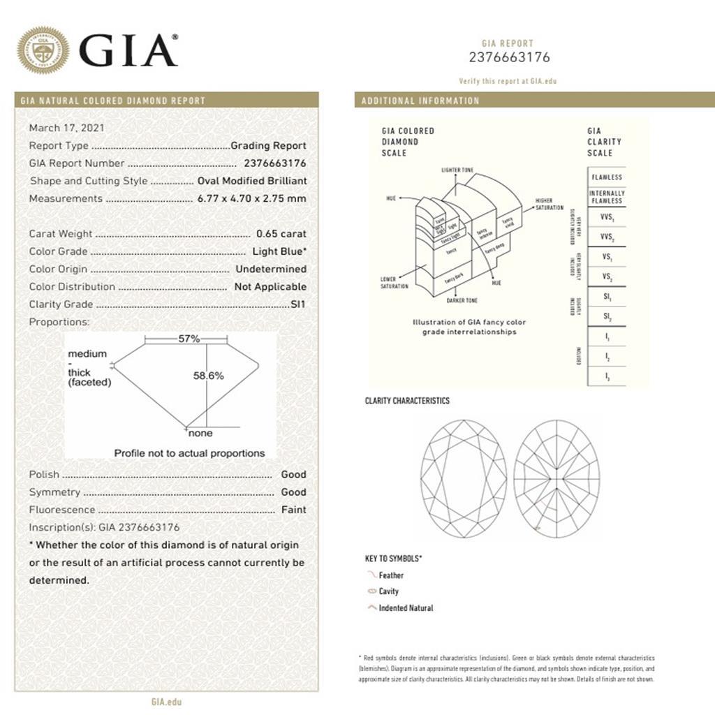 GIA-zertifiziert 0,65 Karat Hellblau (unbestimmt) SI1 Reinheit Diamantring im Angebot 2
