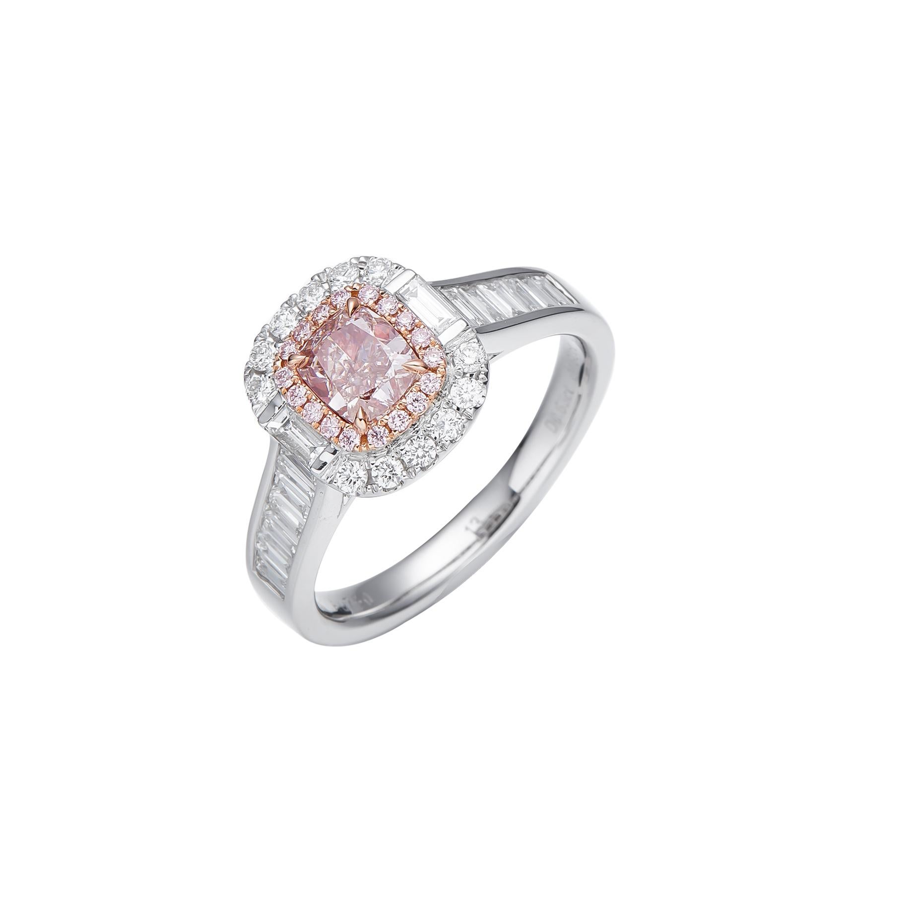 ndulge in Elegance: Unveiling the Alluring GIA Certified 0.65ct Fancy Light Pink-Brown Natural Cushion Cut Diamond Ring, a true treasure that radiates sophistication and charm. Crafted with precision and set in exquisite 18kt gold, this ring is a