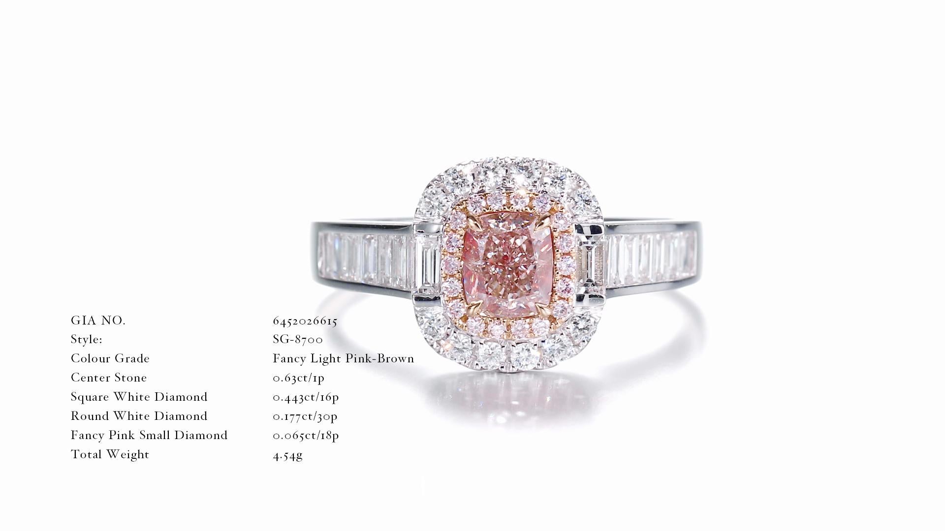 GIA Certified, 0.65ct Fancy Light Pink-Brown Natural Cushion Cut Diamond Ring. For Sale 1
