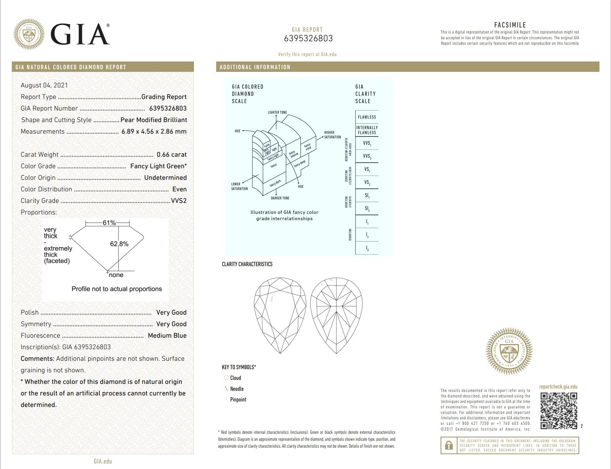 Diamante certificato GIA da 0,66 carati, di colore verde chiaro e chiarezza VVS2 in vendita 1