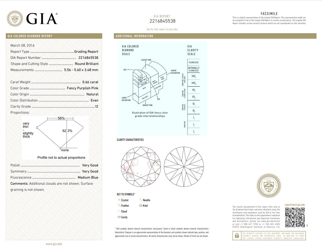 GIA-zertifizierter 0,66 Karat Fancy Lila Rosa I2 Reinheit Diamant im Angebot 1