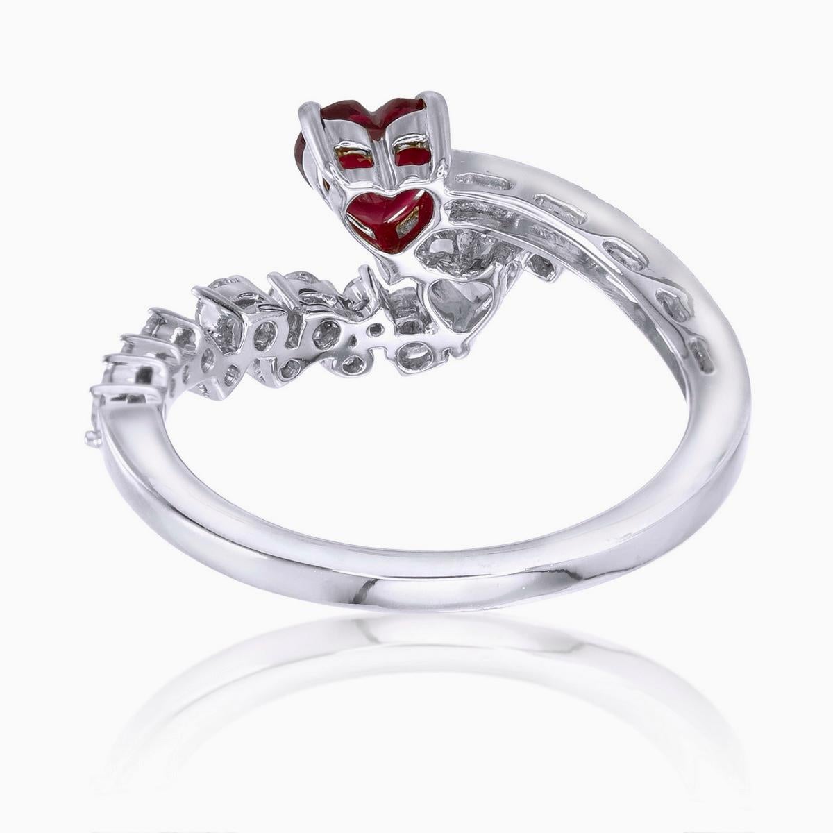 A brand new ring by REWA Jewelry which reimagines the timeless Toi et Moi style with a captivating pairing of a heart-shaped diamond and a rich ruby.

The centre of the ring is a heart shaped GIA (Gemological Institute of America) certified natural