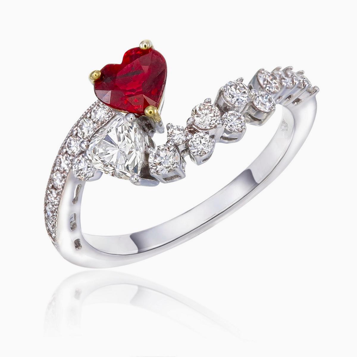 Heart Cut GIA Certified 0.66 Carat Ruby Burmese No Heat Pigeon Blood and Diamond Ring For Sale
