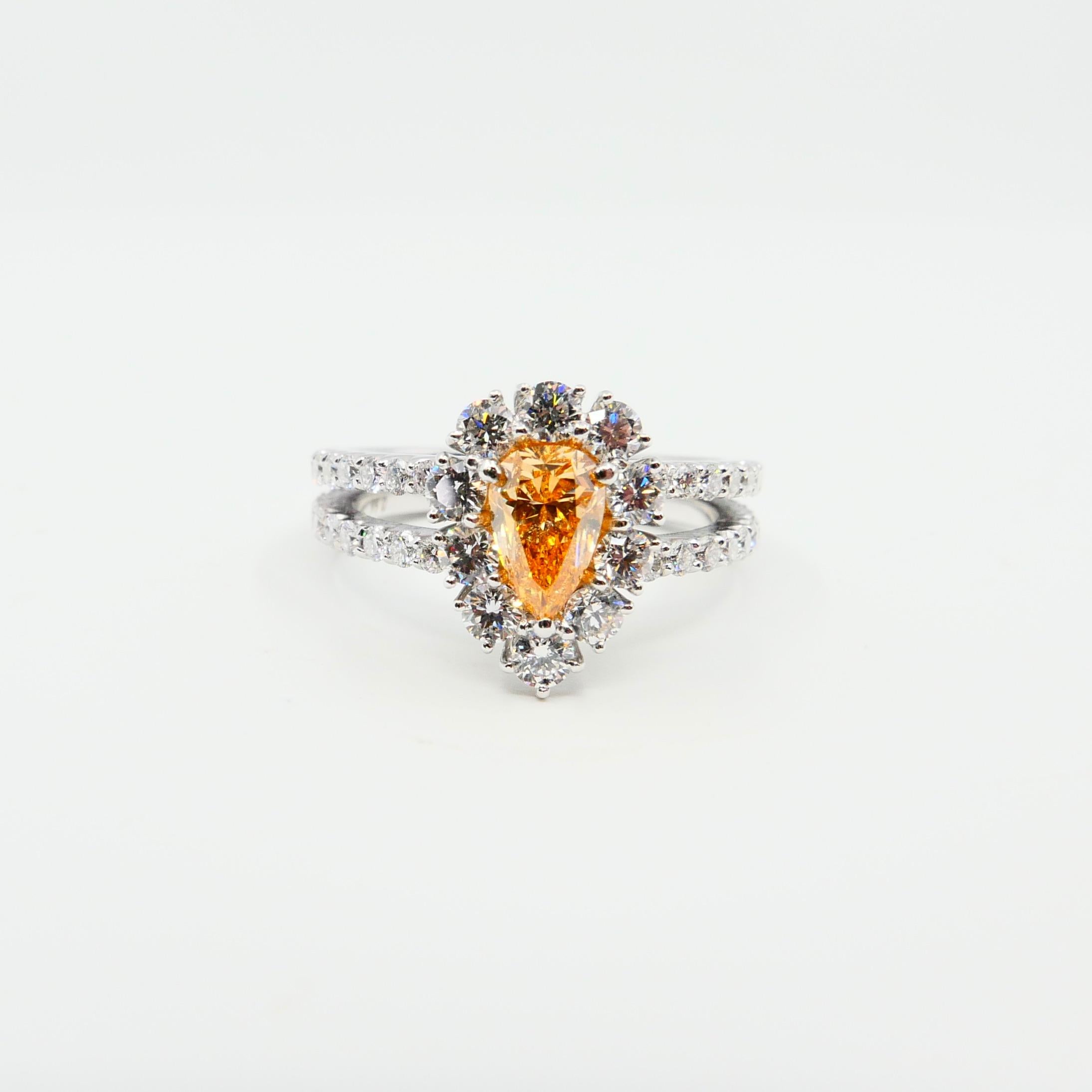 GIA Certified 0.66 Fancy Intense Yellowish Orange Pear Diamond Cocktail Ring 4