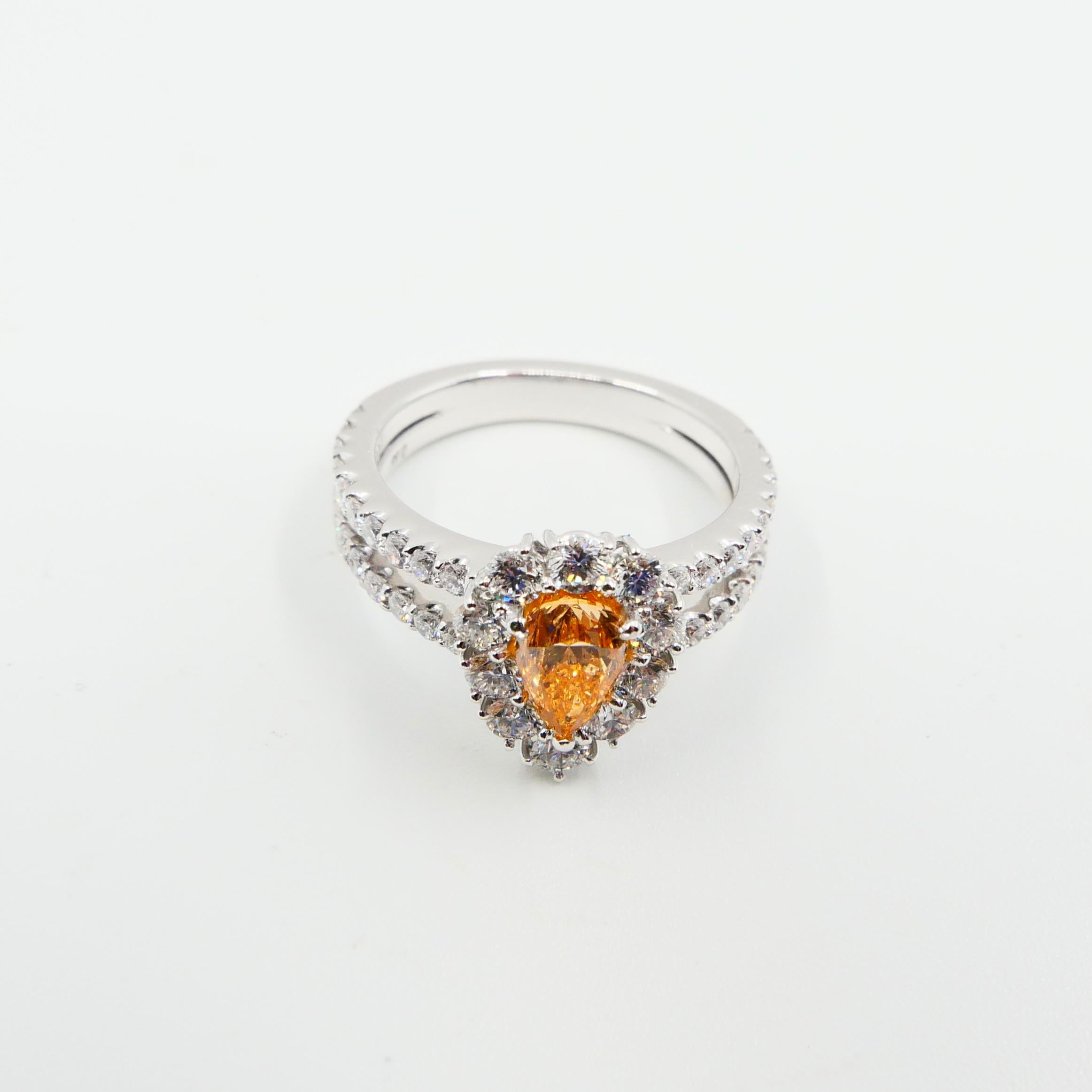 GIA Certified 0.66 Fancy Intense Yellowish Orange Pear Diamond Cocktail Ring 9