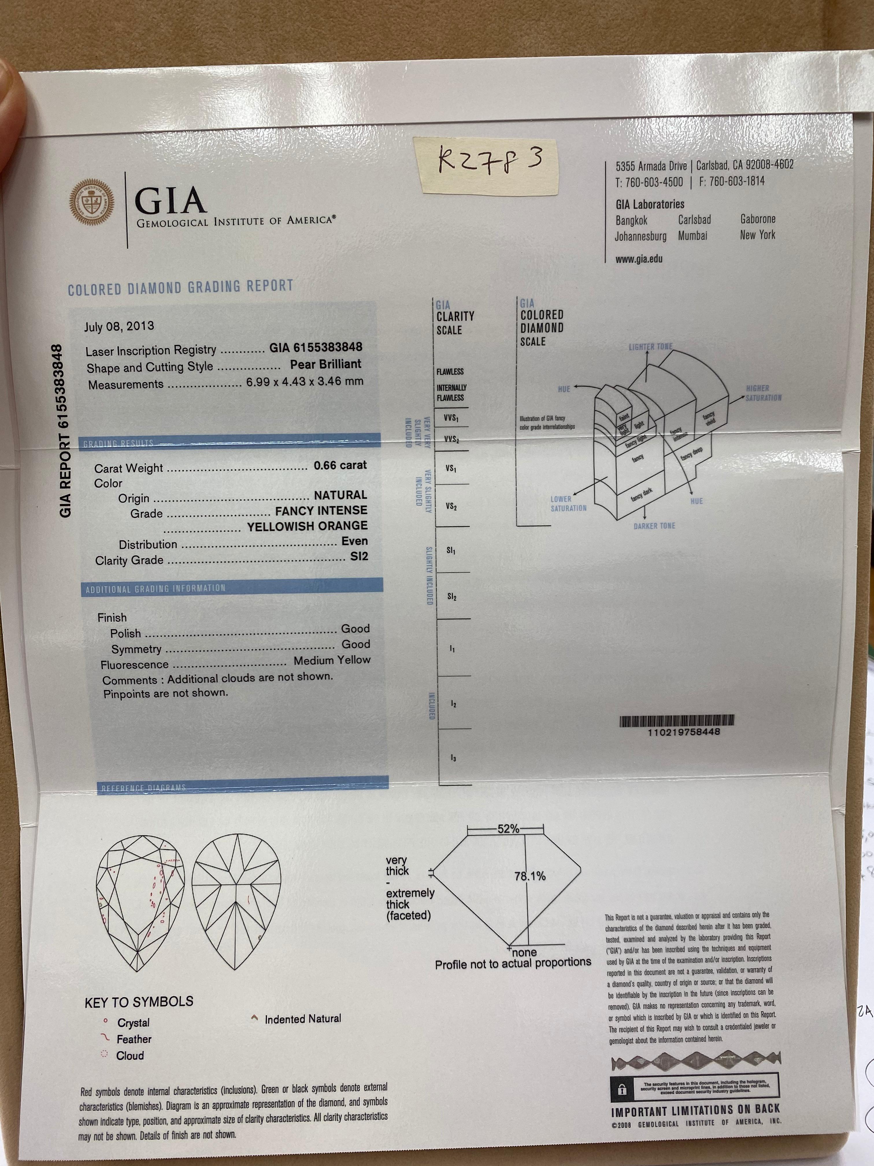 GIA Certified 0.66 Fancy Intense Yellowish Orange Pear Diamond Cocktail Ring 11
