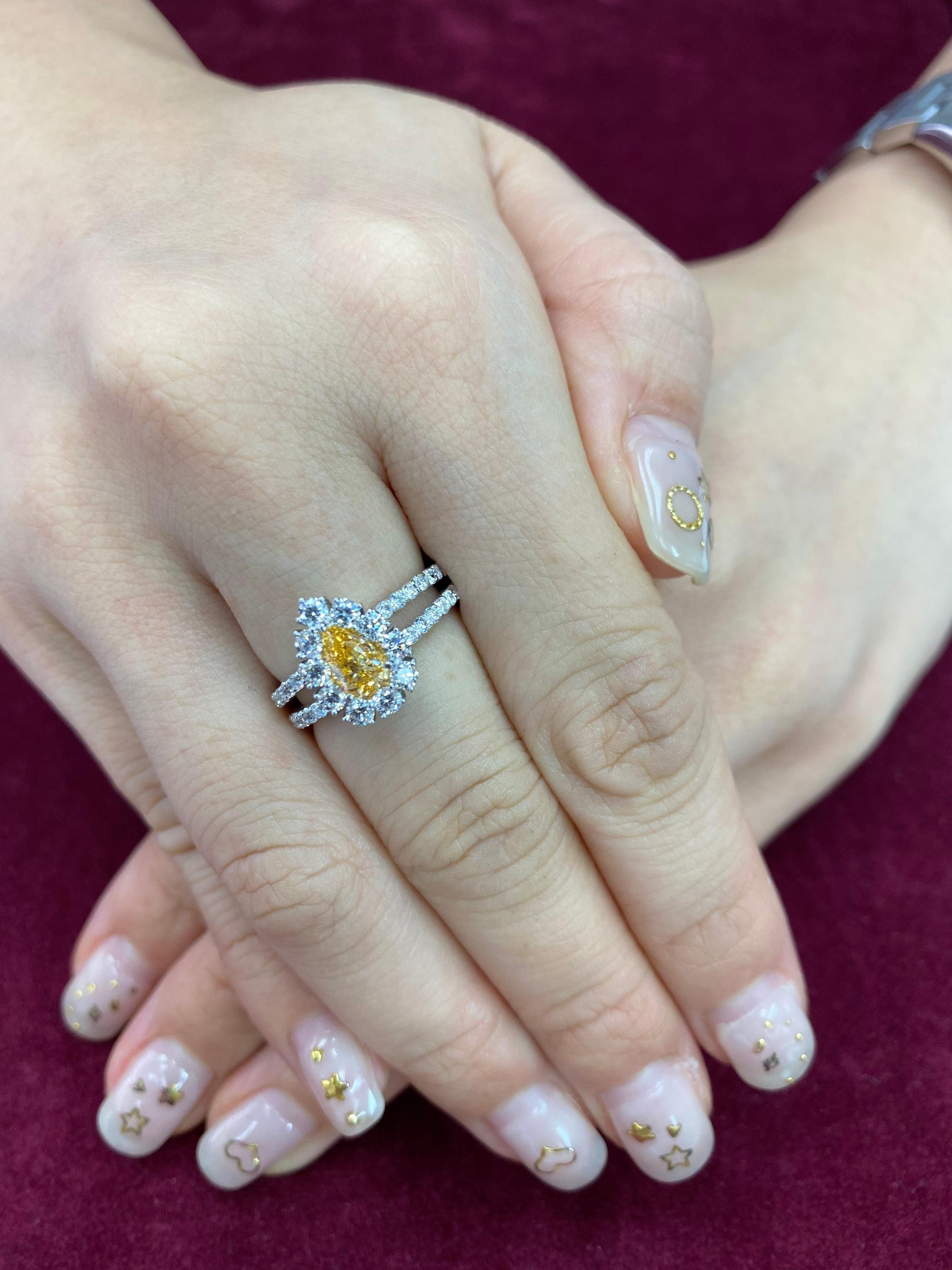Natural orange color in any diamond is super rare! Here is a unique fancy intense yellowish orange diamond cocktail ring. Fancy intense color graded by GIA is the 2nd best color. Fancy intense means, strong saturation of color. This cocktail ring is