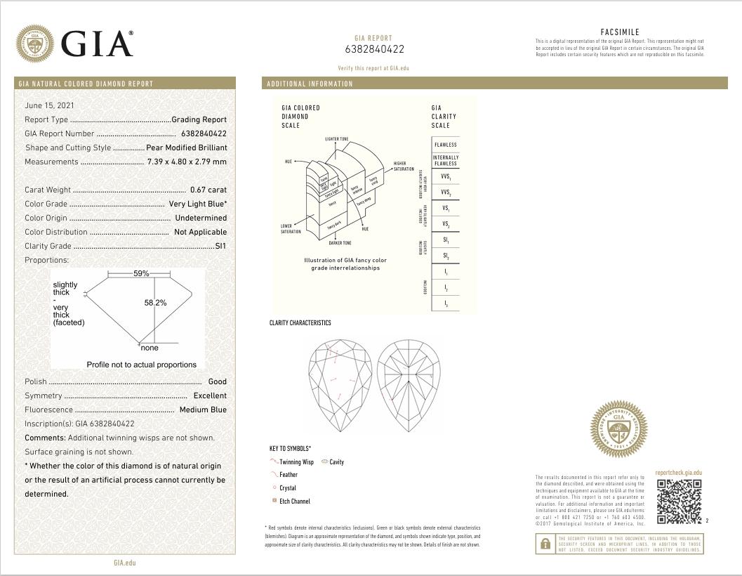 GIA Certified 0.67 Carat Very Light Blue SI1 Clarity Diamond For Sale 1