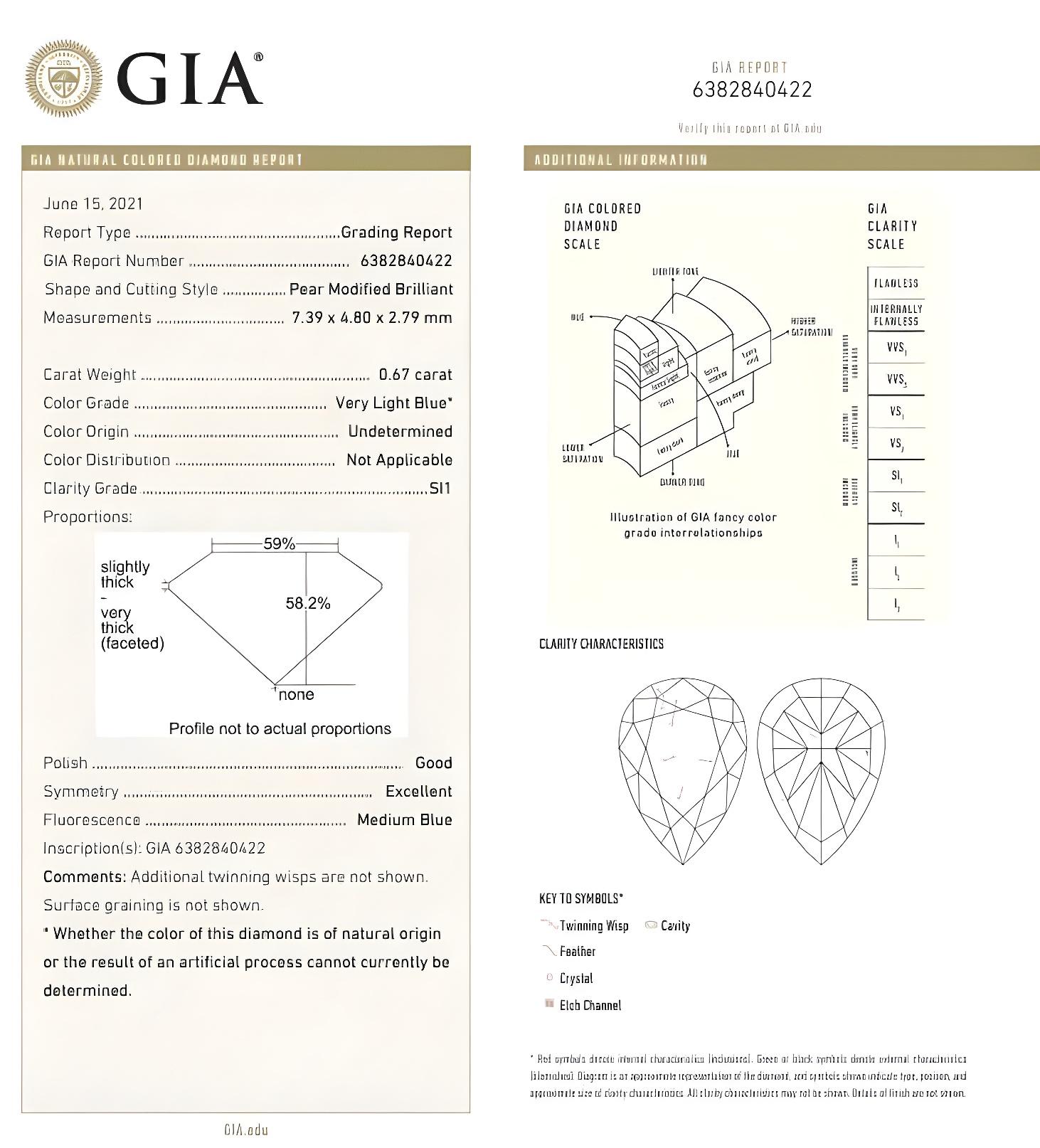 Anello con diamante certificato GIA da 0,67 carati di colore blu molto chiaro (indeterminato) con purezza SI1 in vendita 6
