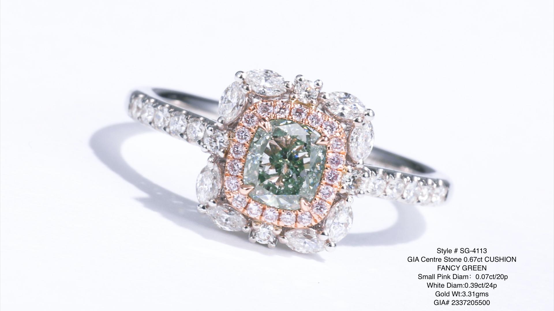 A 0.67-carat cushion-shaped natural fancy green GIA certified diamond. Set on an 18kt gold band, this ring exudes elegance and sophistication.

The cushion shape of the diamond adds a touch of vintage charm and romantic allure to the design. Its
