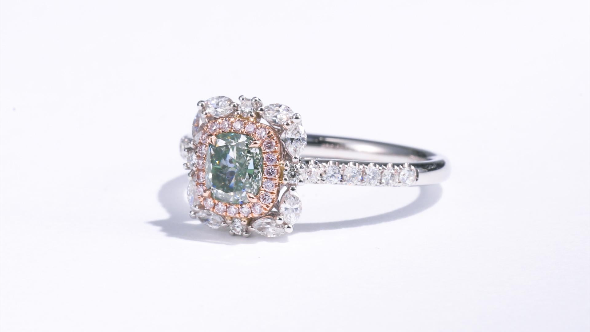 Contemporary GIA Certified, 0.67 Carat Cushion Shape Natural Fancy Green Diamond 18kt Ring