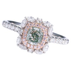 GIA Certified, 0.67 Carat Cushion Shape Natural Fancy Green Diamond 18kt Ring