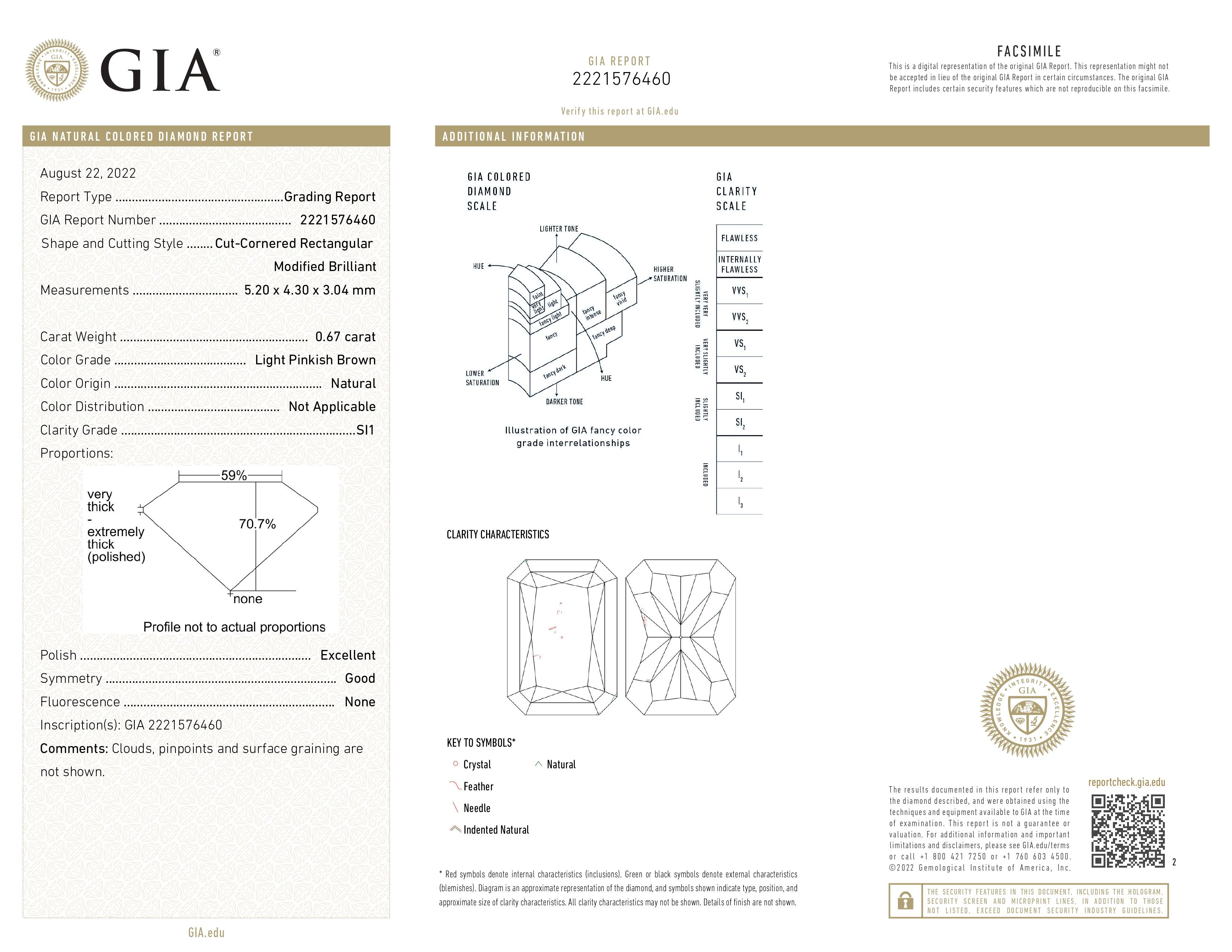 GIA Certified, 0.67ct Light Pinkish Brown Natural Cushion Cut Diamond Solitaire. For Sale 3