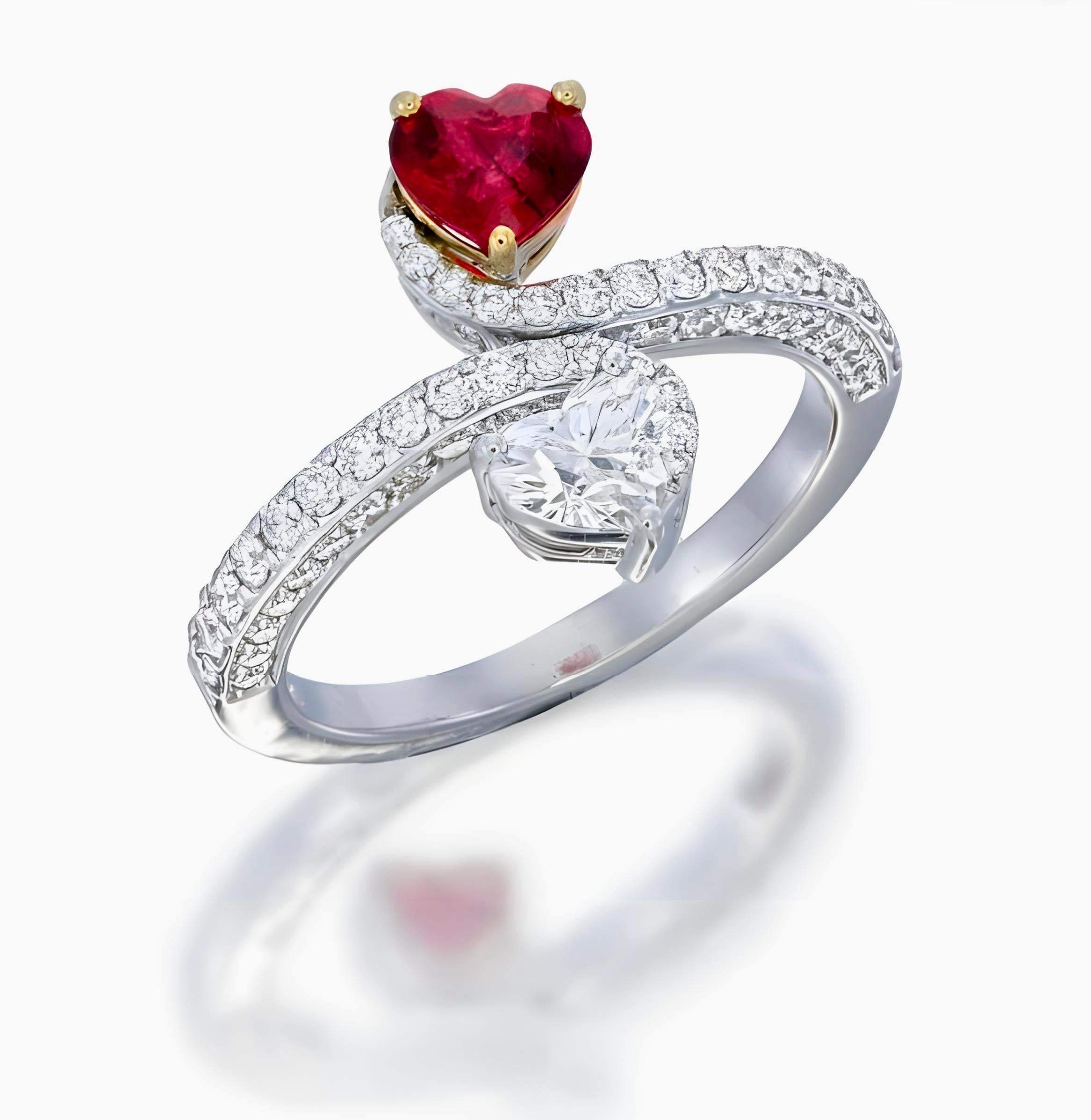 This ring features a rare 0.68-carat heart-cut red ruby from Burma, certified by GIA as untreated, showcasing its natural, vibrant red color (certificate number GIA6505603381). Paired with a 0.41-carat heart-cut diamond, this combination creates a