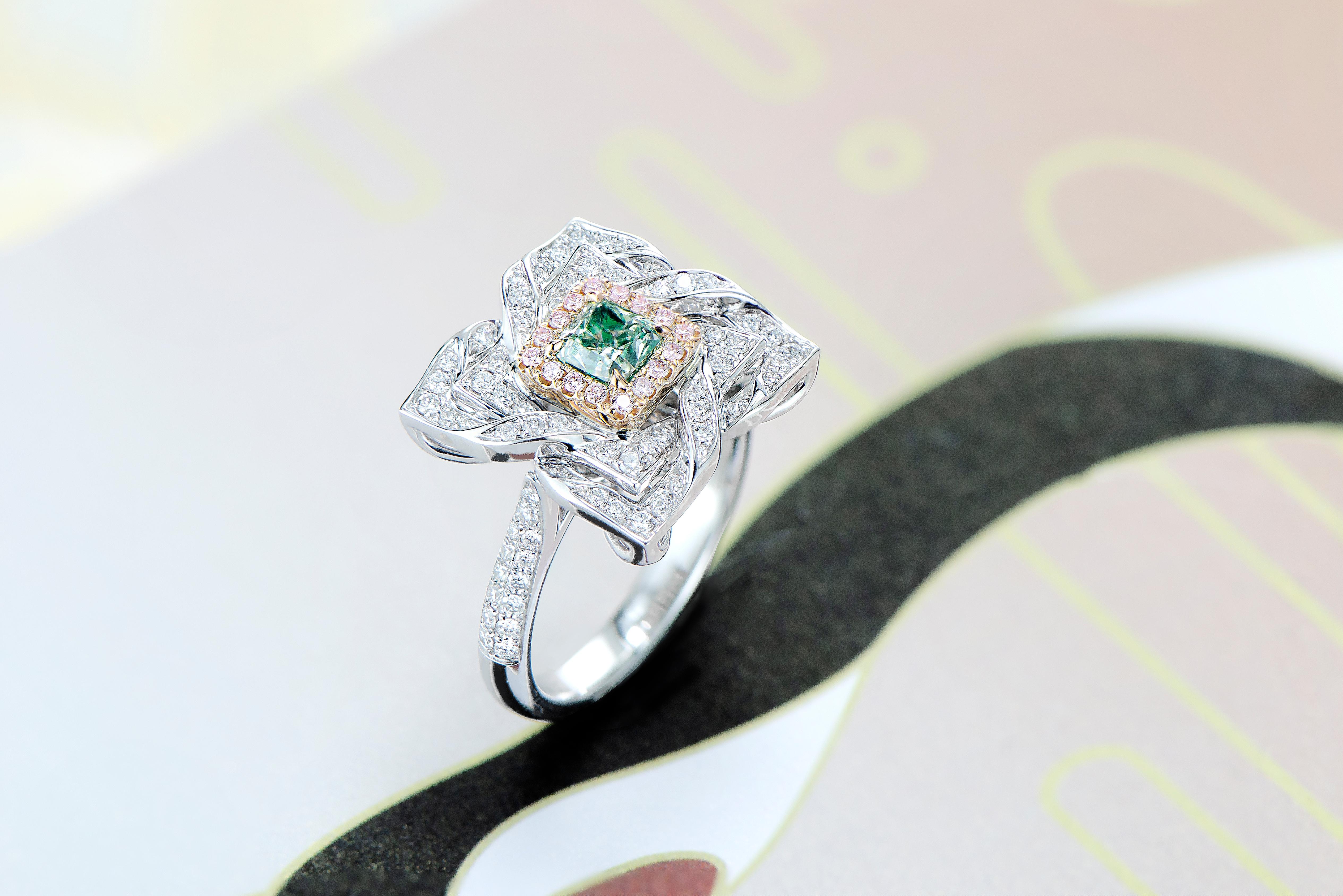 GIA Certified, 0.69cts Natural Fancy Light Green Cushion Diamond Solitaire Ring In New Condition For Sale In Hong Kong, HK