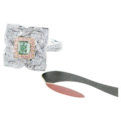 GIA Certified, 0.69cts Natural Light Green Cushion Diamond Solitaire Ring