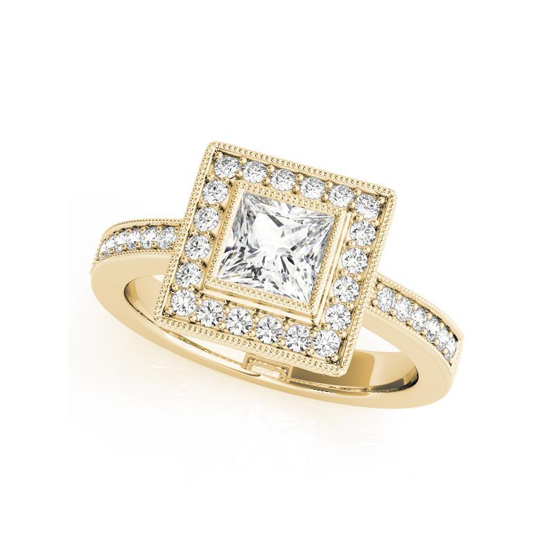 Taille princesse Bague à diamant certifié GIA 0.7 carat Princess Square Halo Milgrain en vente