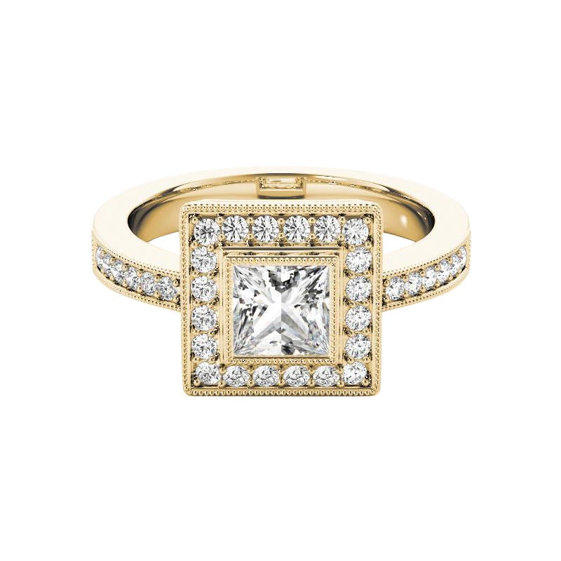 Bague à diamant certifié GIA 0.7 carat Princess Square Halo Milgrain